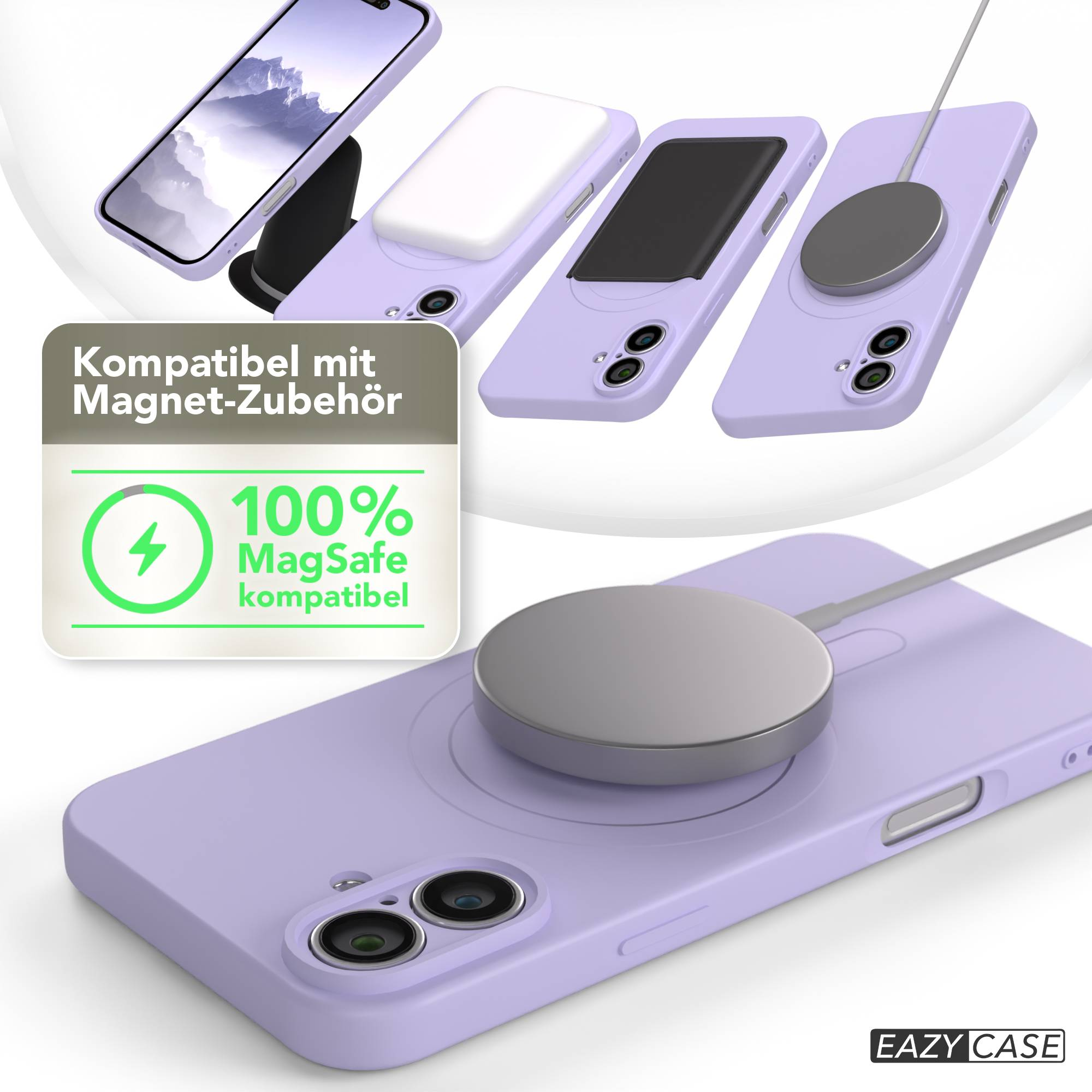 Mehrere Handyhüllen in Lila mit MagSafe-Zubehör werden gezeigt. Eine Grafik zeigt 100 % MagSafe-kompatibel.