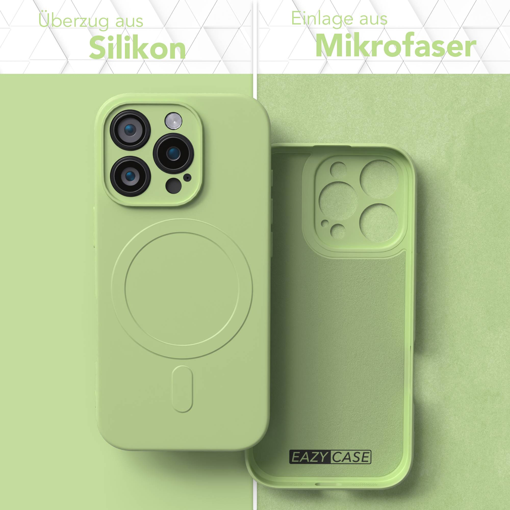 Eine grüne Handyhülle, geteilt, zeigt Silikon außen und Mikrofaser innen. Text: 'Überzug aus Silikon' und 'Einlage aus Mikrofaser'.