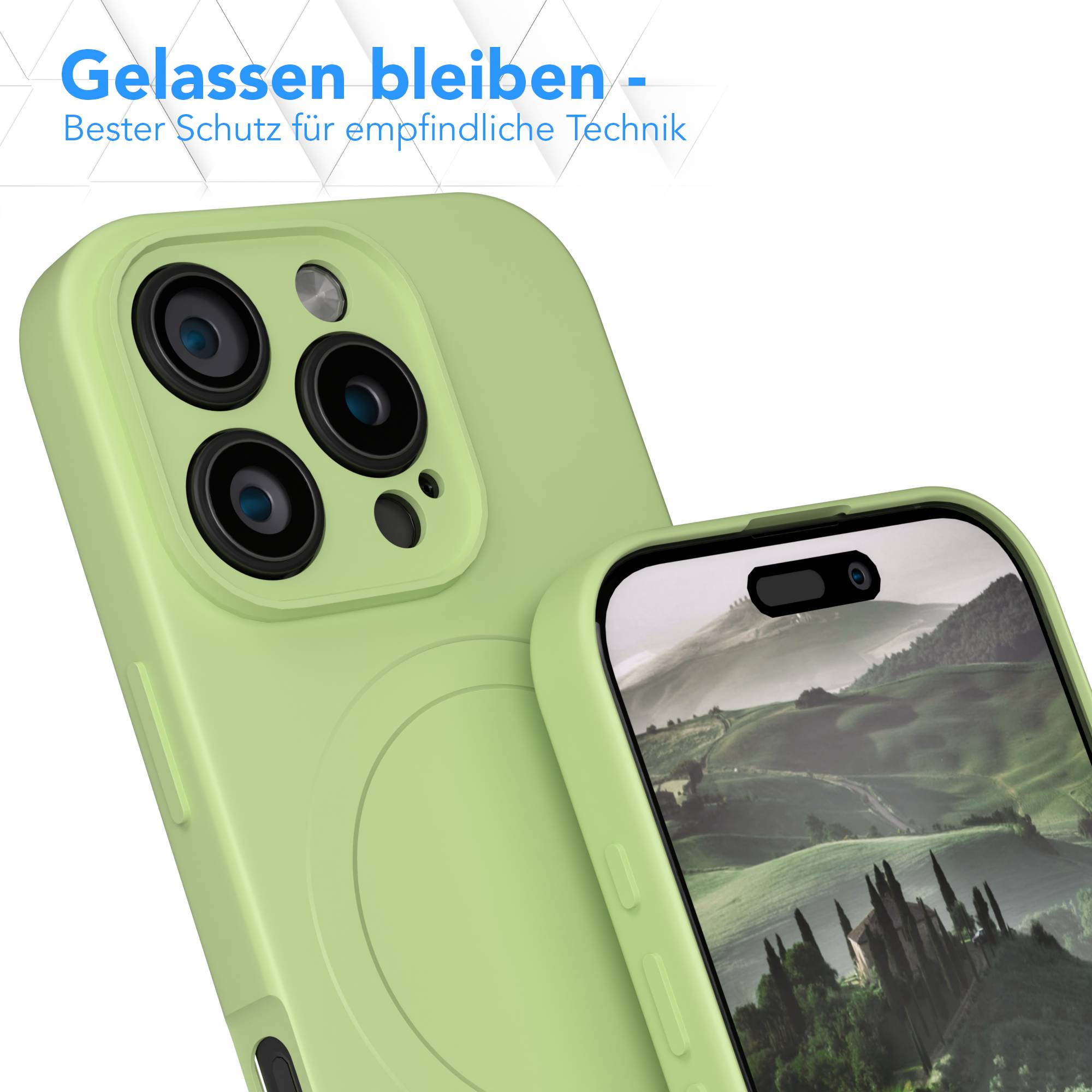 Eine hellgrüne Handyhülle schützt ein Telefon. Der Bildschirm zeigt eine Landschaft mit Bäumen. Blauer Text: 'Entspannt bleiben'.