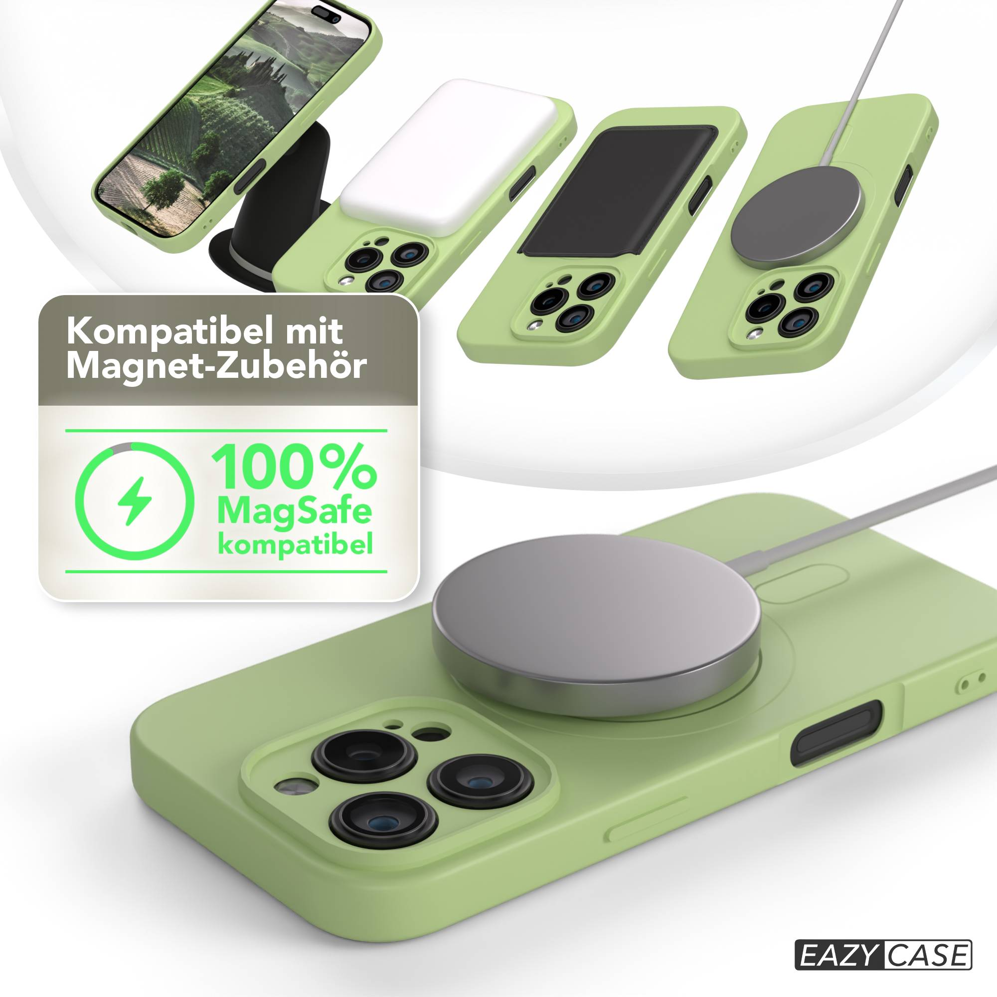 Grüne Handyhüllen mit MagSafe-Zubehör. Ein Telefon steht auf einem Ständer, andere haben Aufsätze. Text links: 'MagSafe-kompatibel'.