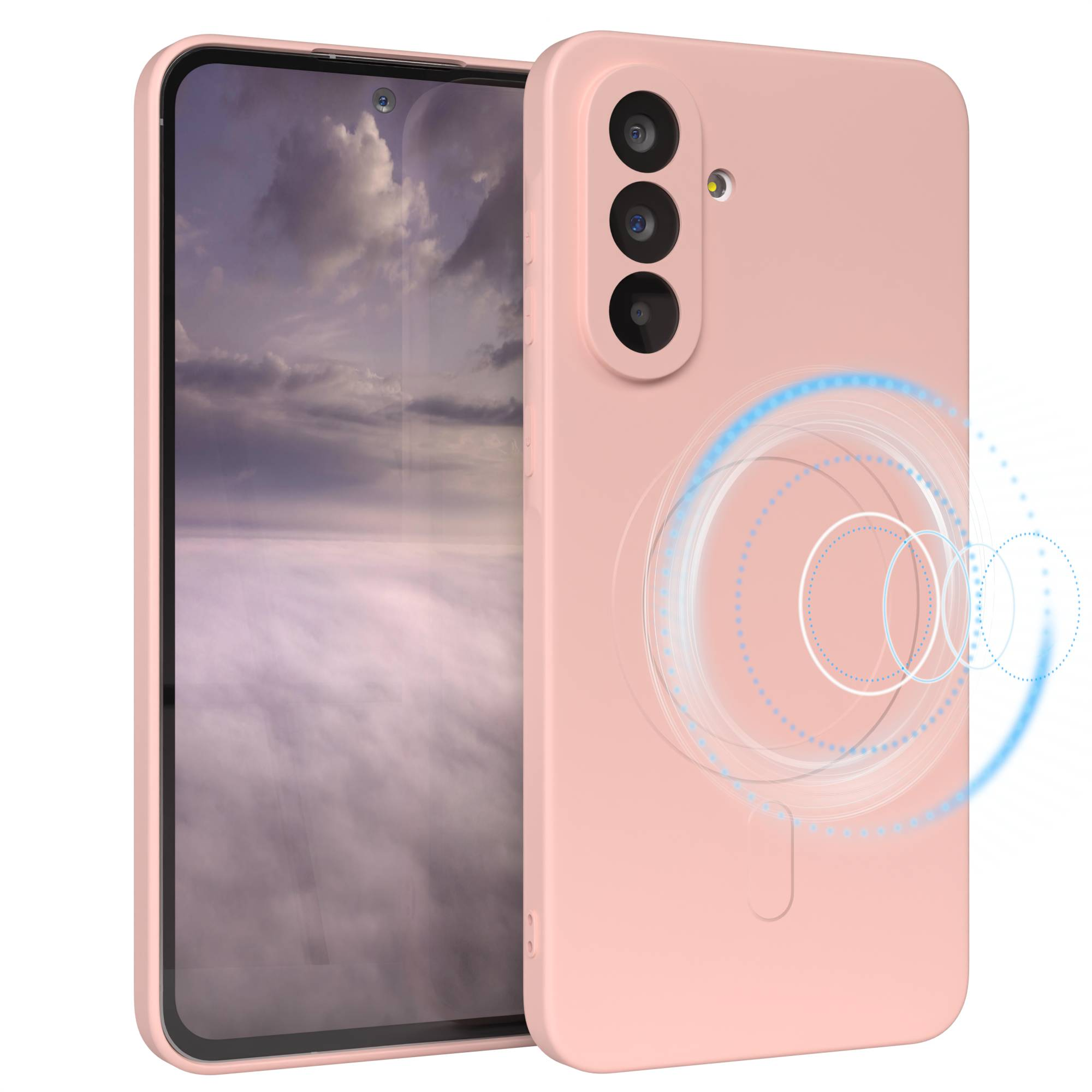 Rosa Handyhülle mit Handy. Die Hülle hat drei Kameralinsen und ein kreisförmiges Design.