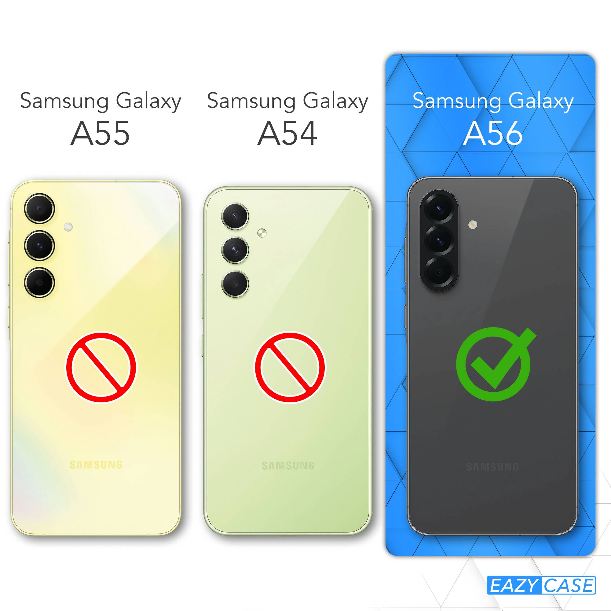 Drei Handys, Samsung Galaxy A55 und A54 mit rotem Verbotsschild, A56 mit grünem Häkchen. Blauer und weißer Hintergrund.