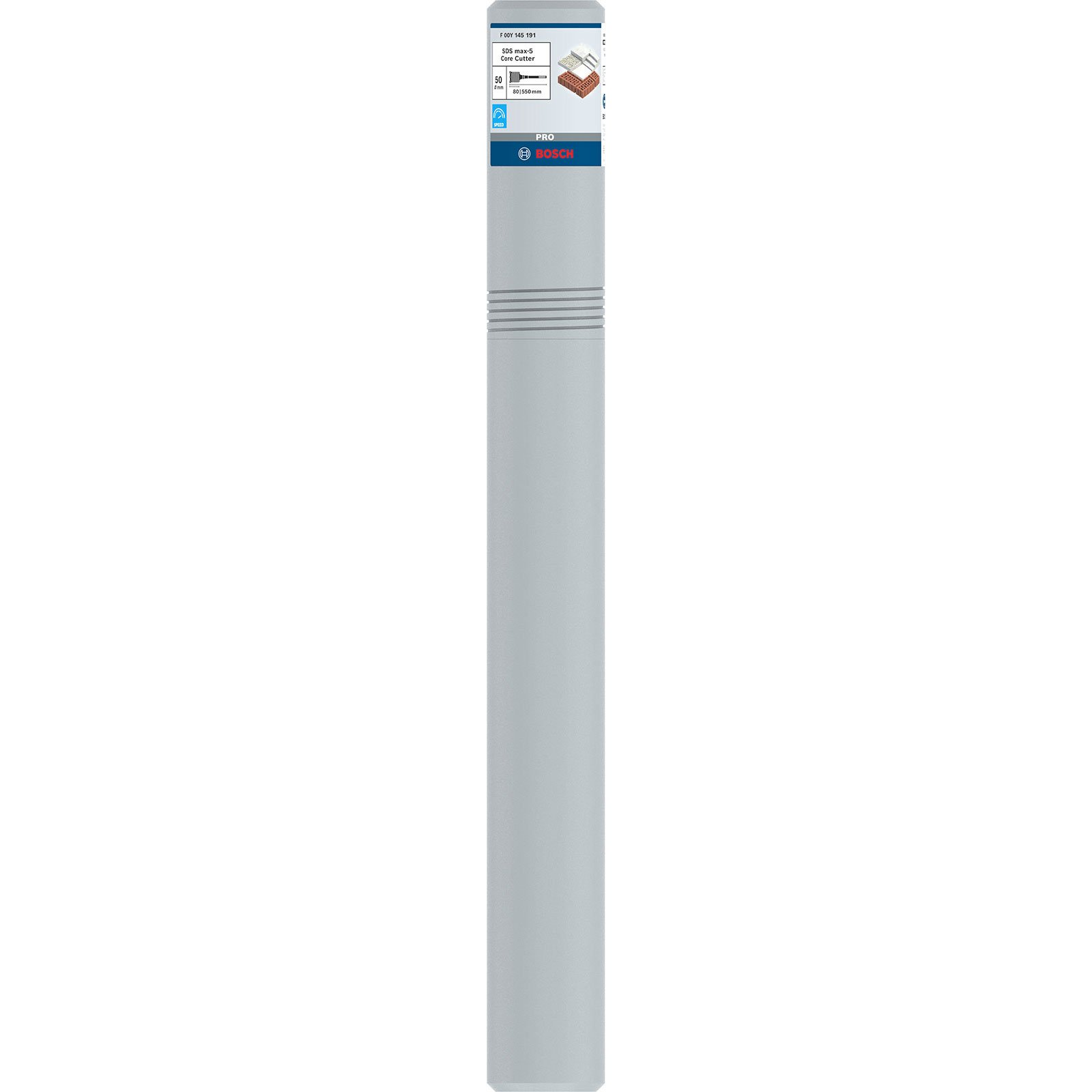 Hohe, graue Werkzeugverpackung. Mit Bosch-Logo und Produktinformationen. Die Verpackung ist für einen SDS max-5 Kernbohrer.