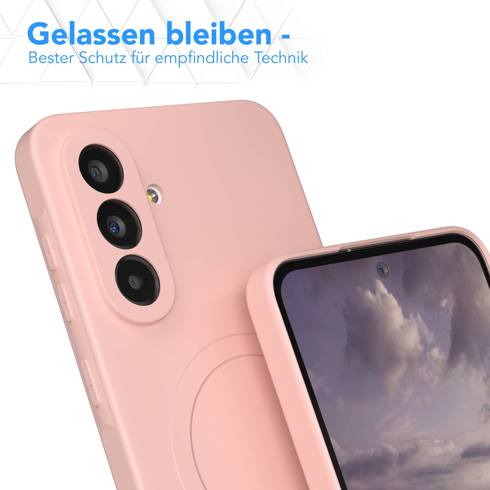 Rosa Handyhülle mit Handy. Die Hülle hat drei Kameralinsen. Der Bildschirm zeigt einen wolkigen Himmel.