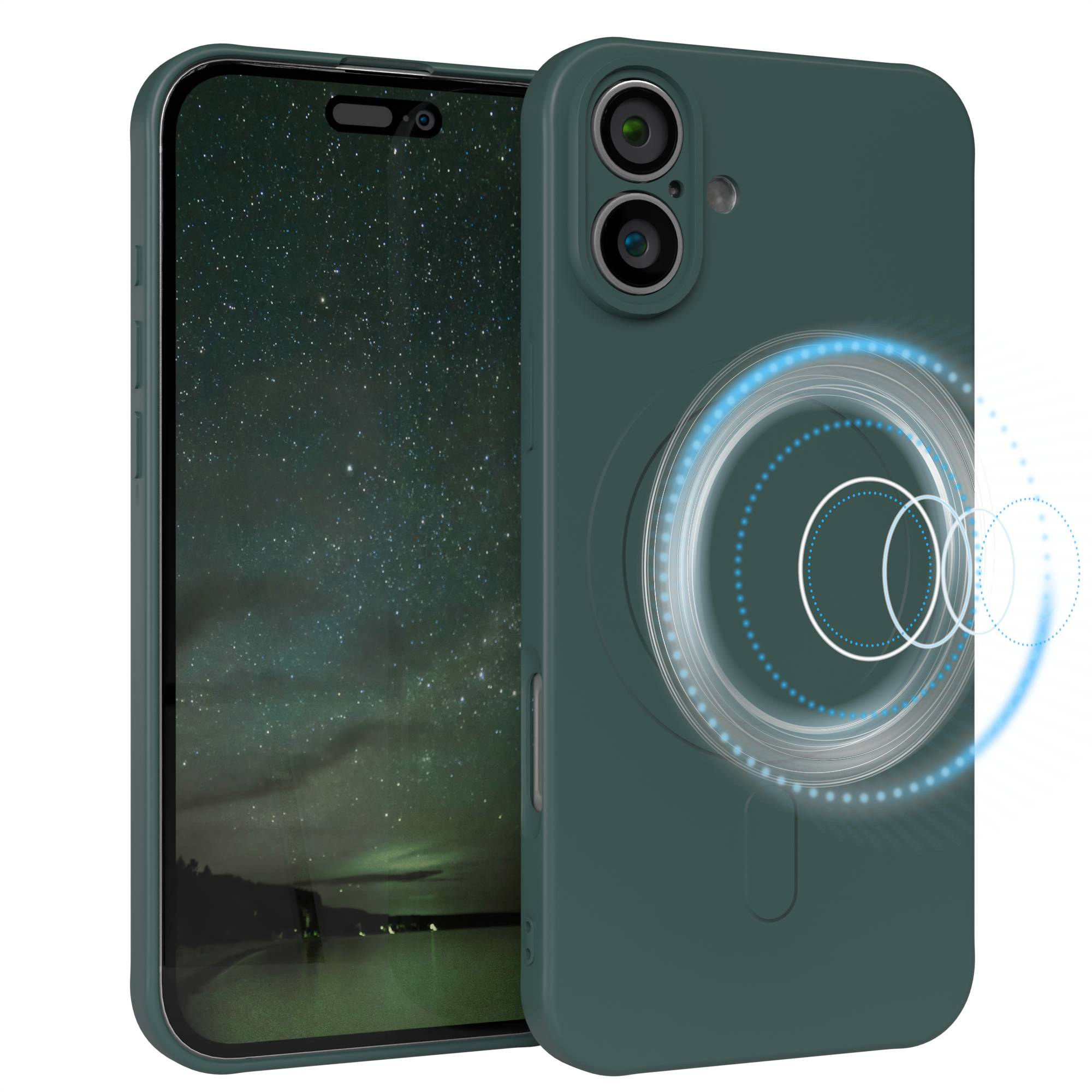 Eine tealfarbene Handyhülle mit einem Telefon darin. Der Bildschirm des Telefons zeigt eine dunkle Sternennacht. Ein blaues Leuchten umgibt die Hülle.