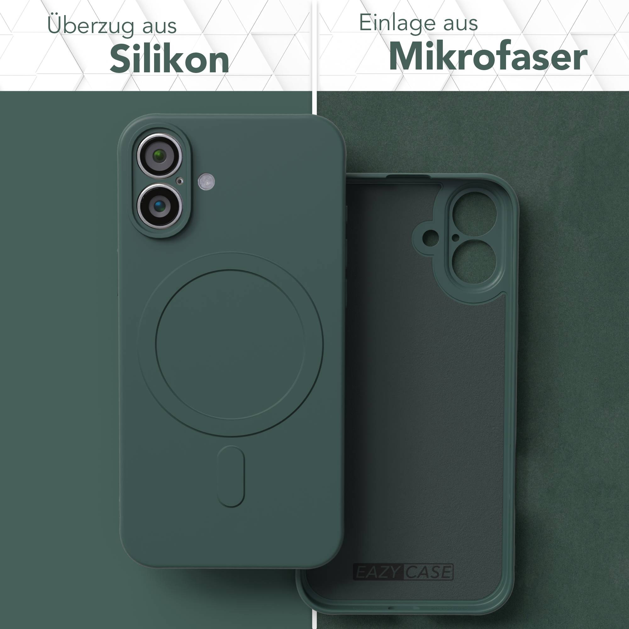 Grüne Handyhülle, Silikon außen, Mikrofaser innen. Text lautet 'Überzug aus Silikon' und 'Eilage aus Mikrofaser'.