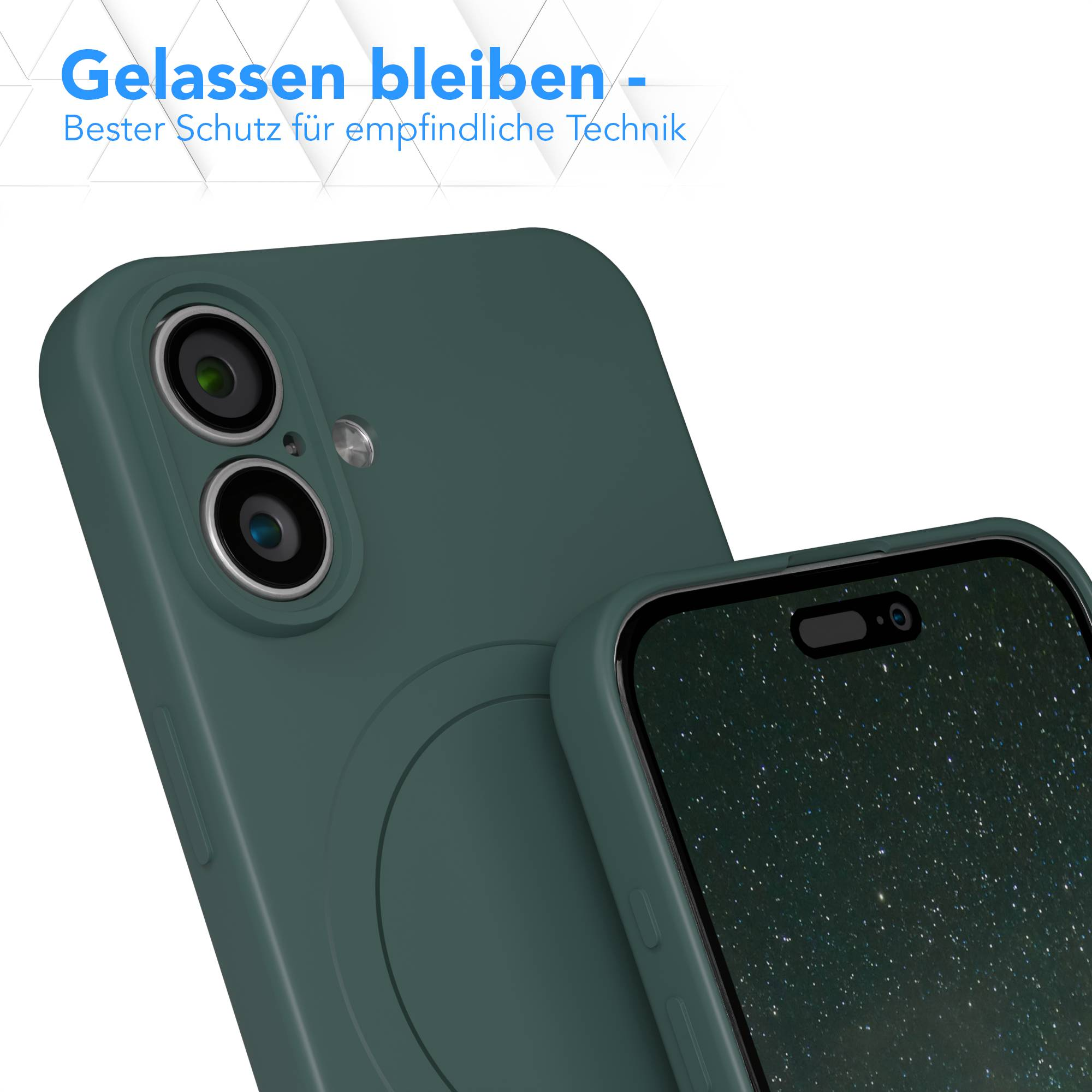 Grüne Handyhülle mit Telefon. Der Bildschirm zeigt eine Sternennacht. Die Hülle hat Kameralinsen.