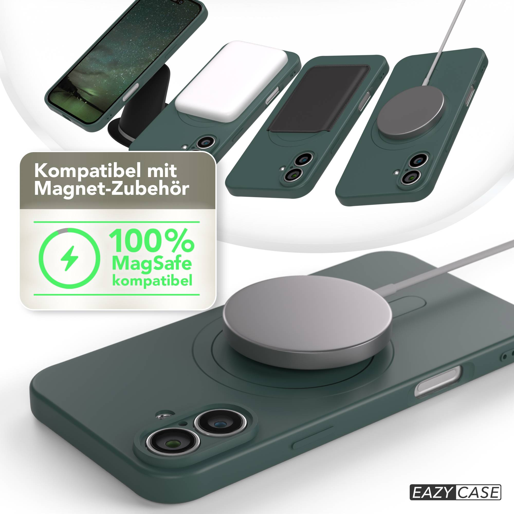 Grüne Handyhüllen mit MagSafe-Zubehör. Eine Hülle hat ein Ladepad. Text: '100% MagSafe-kompatibel'.