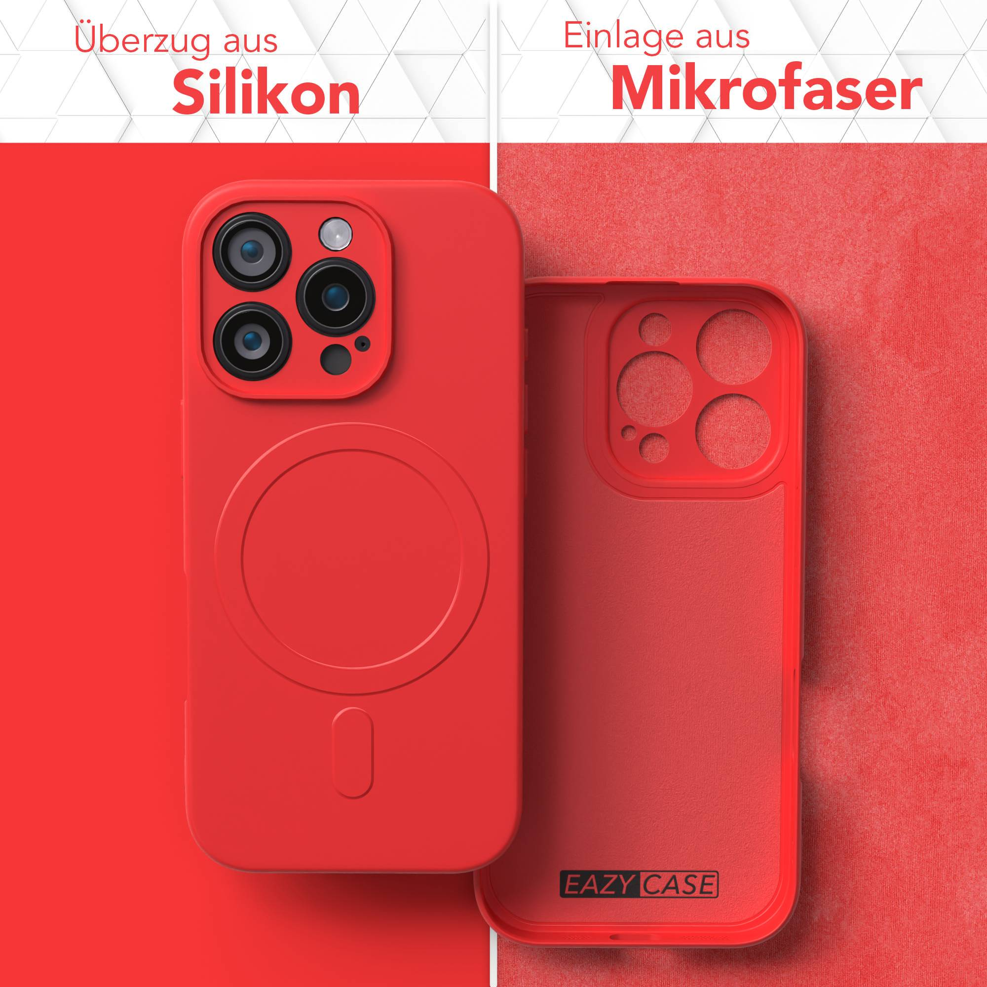 Rote Handyhüllen. Eine mit Kameraausschnitten und Silikon, die andere Mikrofaser. Text sagt 'Silikon' und 'Mikrofaser'.