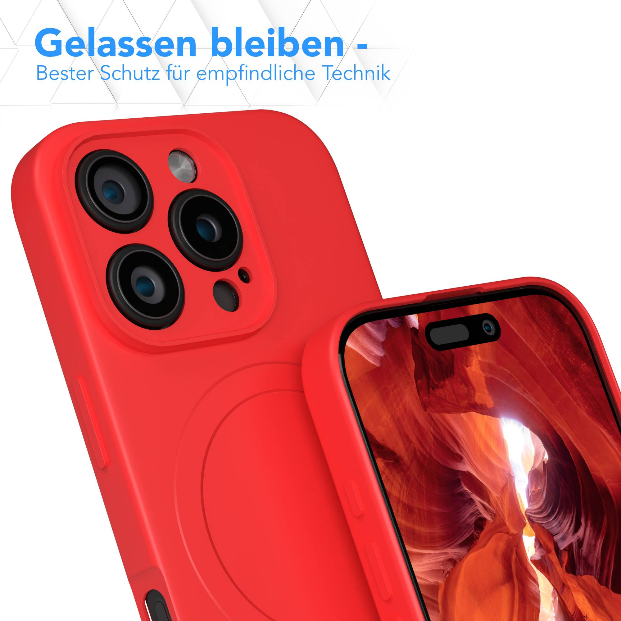 Rote Handyhülle mit mehreren Kameraausschnitten, über einem Handy. Der Bildschirm zeigt einen roten Canyon.