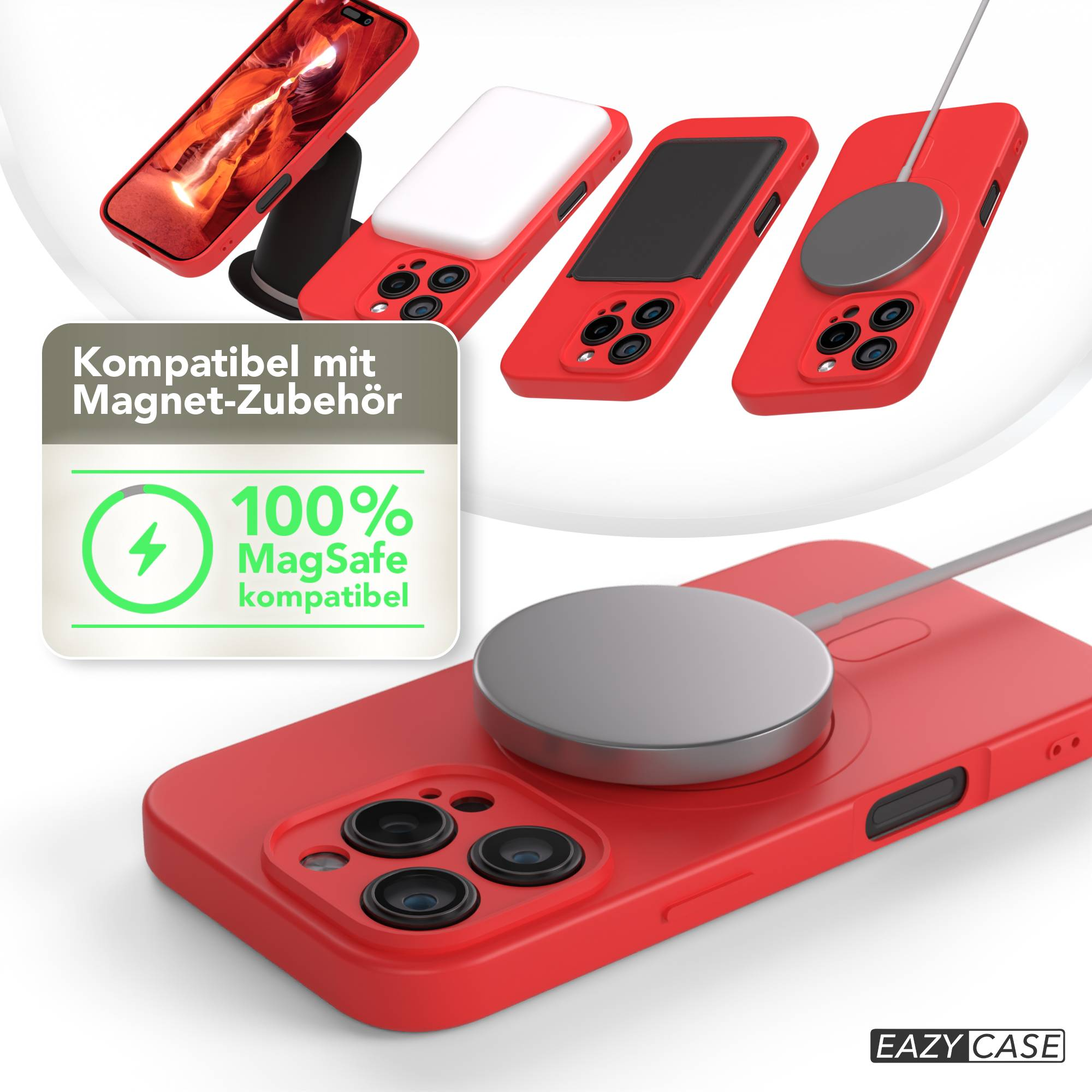 Rote Handyhüllen mit MagSafe-Zubehör werden gezeigt. Eine hat ein Ladegerät. Ein Schild zeigt MagSafe-Kompatibilität.