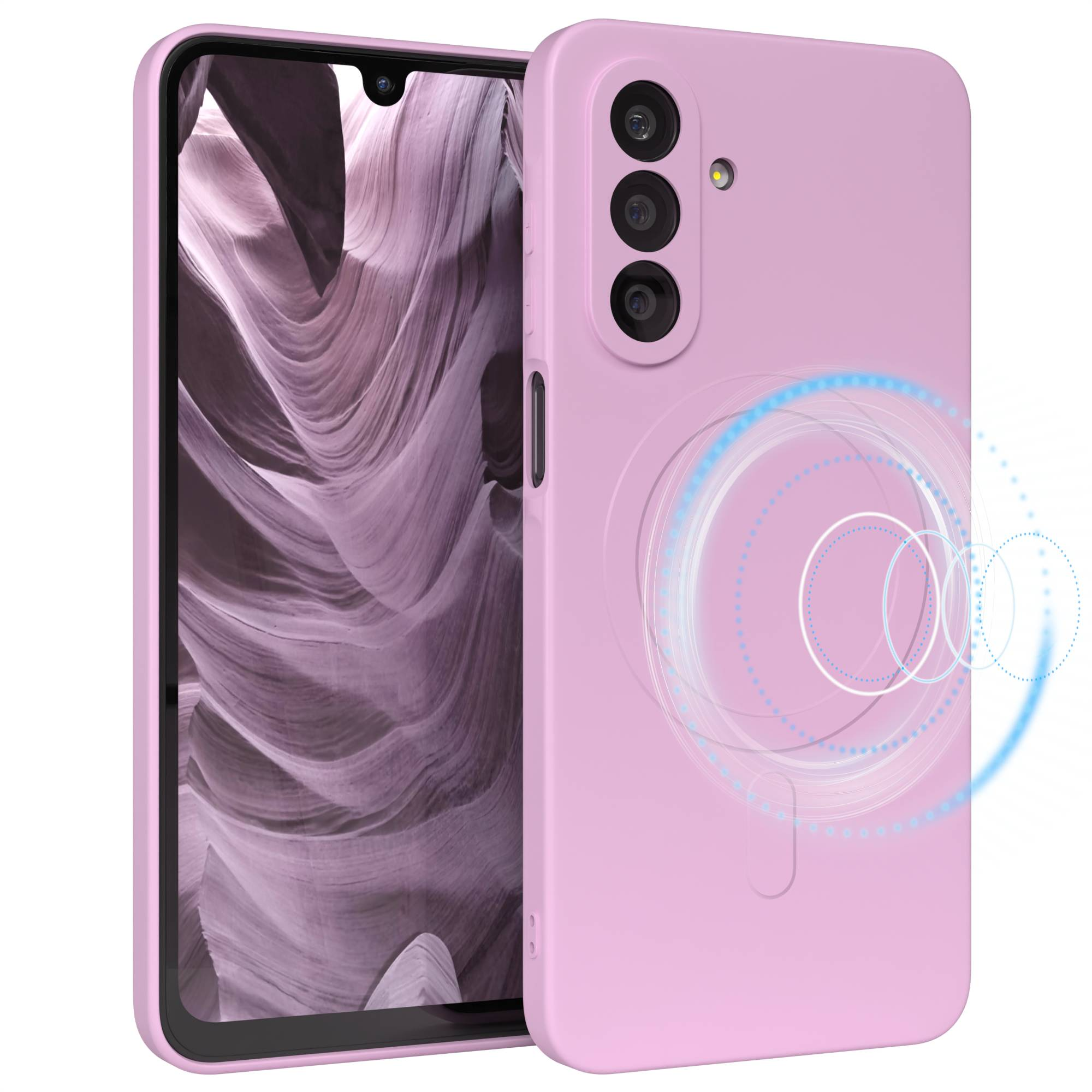 Eine pinkfarbene Handyhülle neben einem Handy, das ein Canyon-Bild anzeigt. Die Hülle hat drei Kameralinsen und blaue Kreisdesigns.