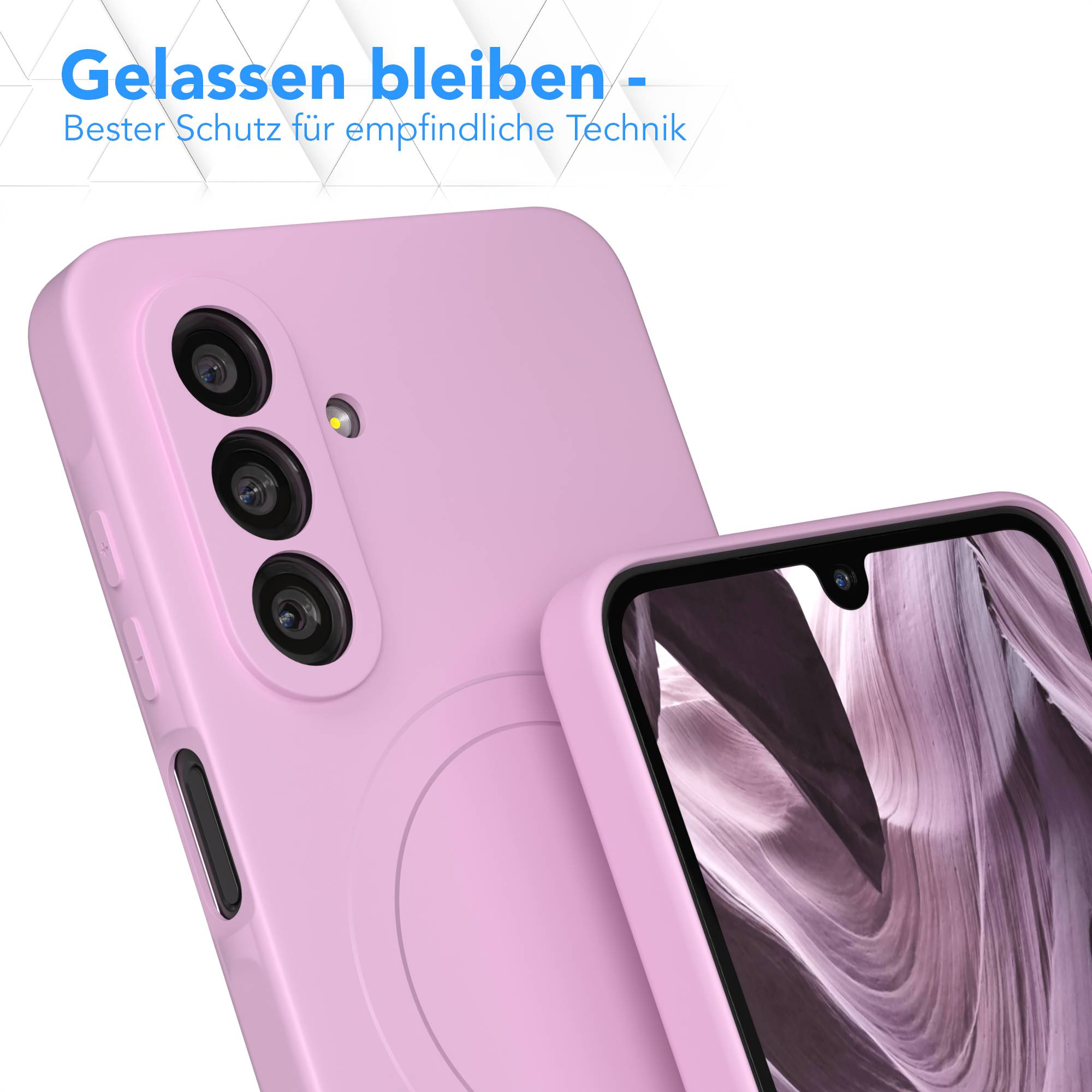 Rosa Handyhülle mit drei Kameralinsen. Der Bildschirm zeigt ein strukturiertes abstraktes Bild. Text oben: Gelassen bleiben.