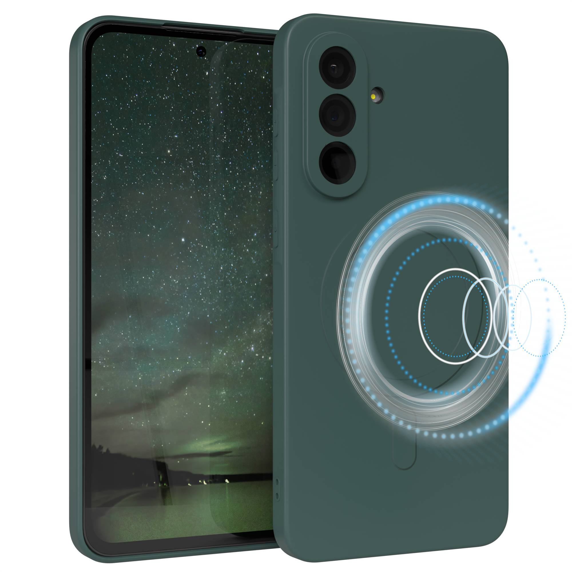 Eine grüne Handyhülle mit einem Handy darin, das eine Sternennacht zeigt. Ein leuchtender blauer Kreis auf der Rückseite.