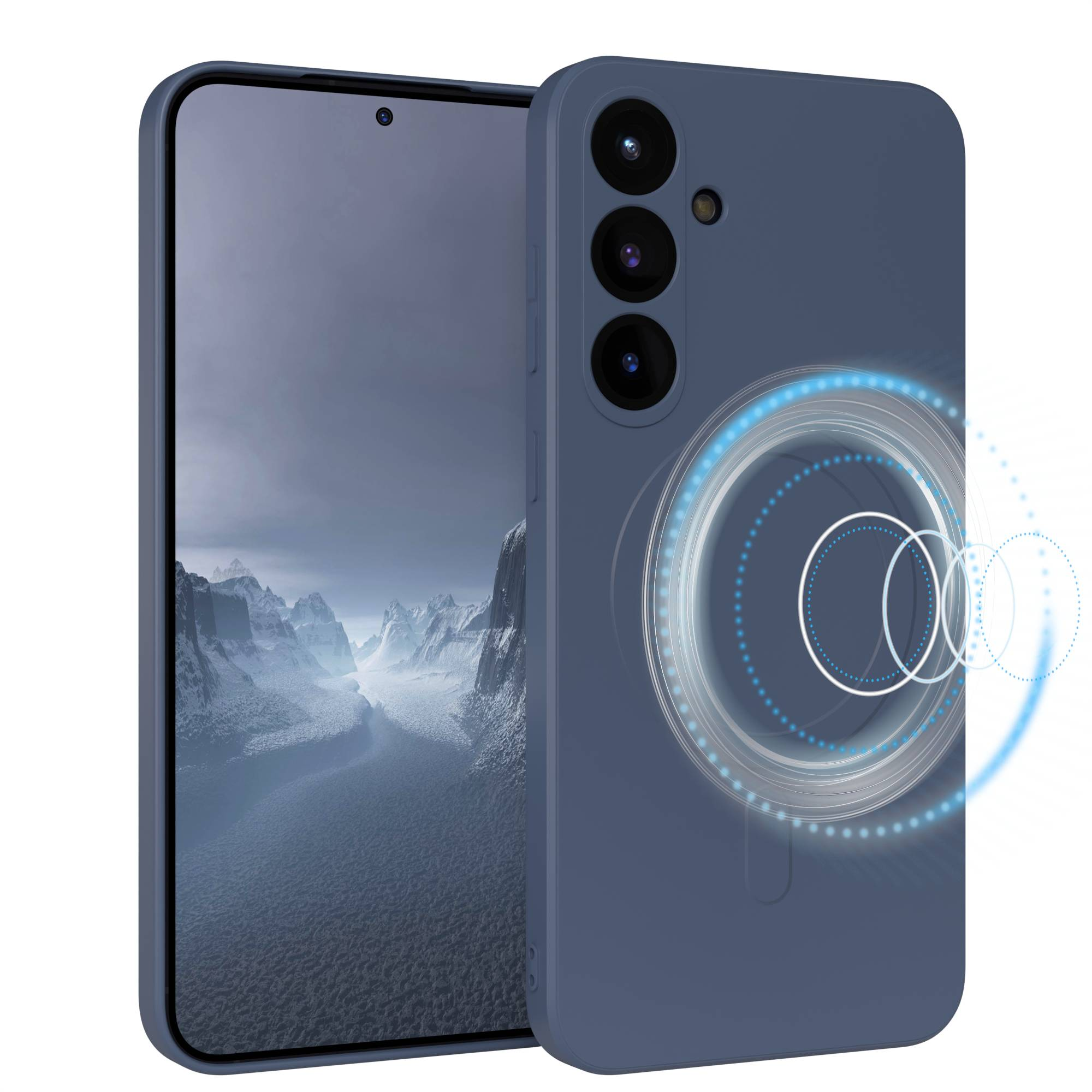 Eine blaue Handyhülle und ein Smartphone. Die Hülle hat drei Kameras und ein magnetisches Ladesymbol.