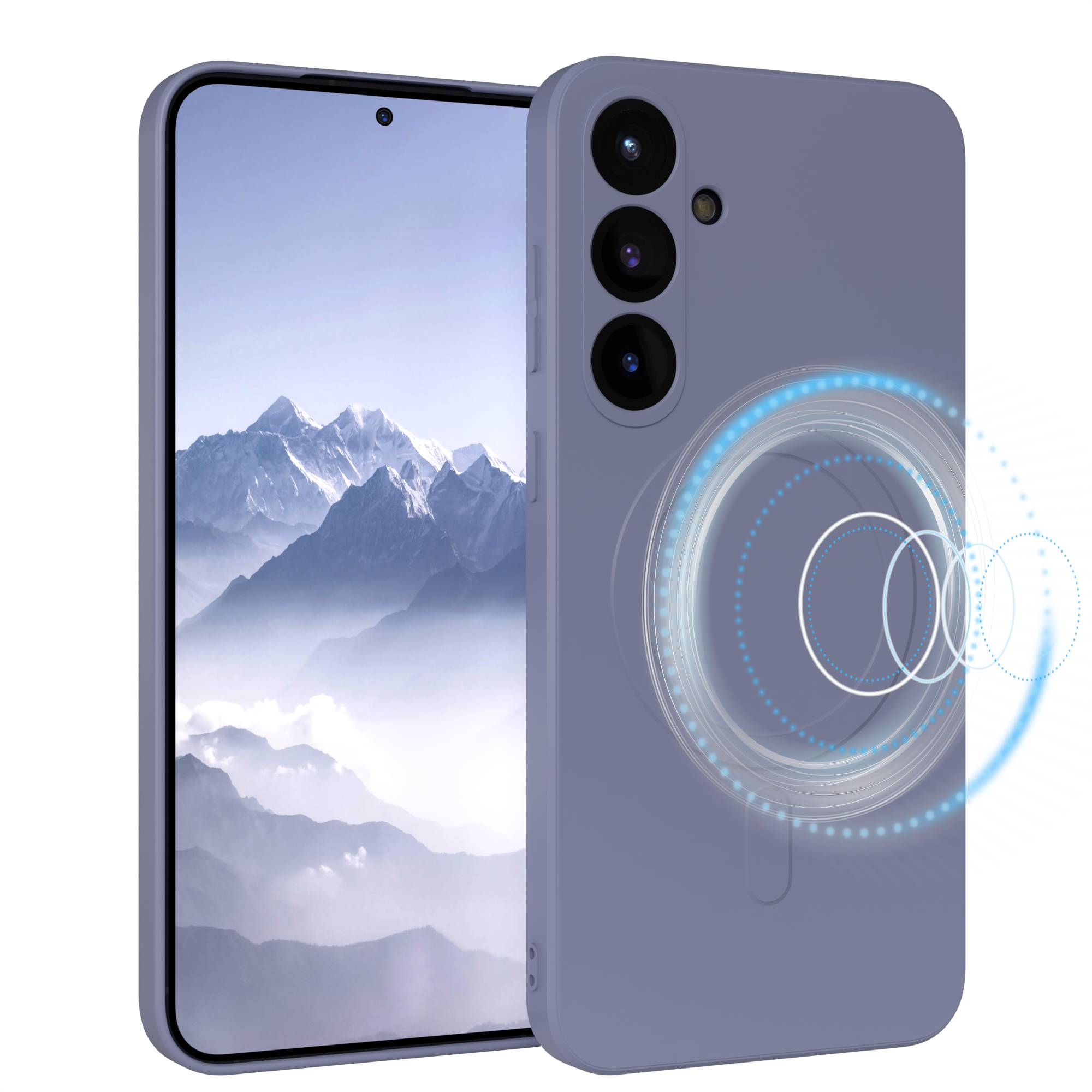 Ein Smartphone in einer lila Hülle wird gezeigt. Das Telefon zeigt eine Berglandschaft. Die Hülle hat eine magnetische Lade-Grafik.