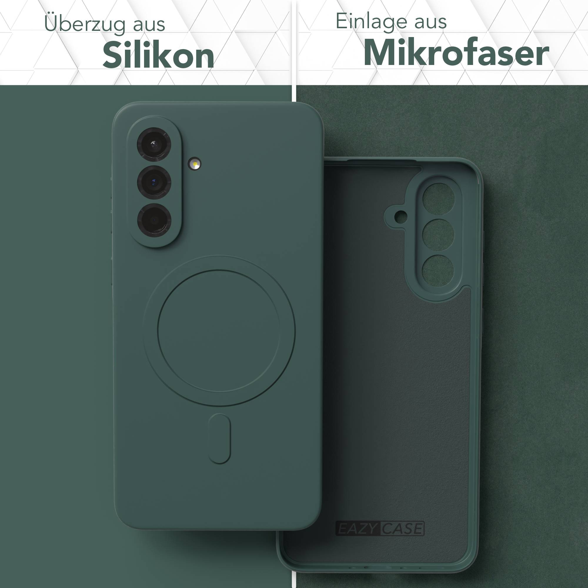 Grüne Handyhülle mit Silikonaußenseite und Mikrofaserinnenseite, zeigt Design und Markenname.