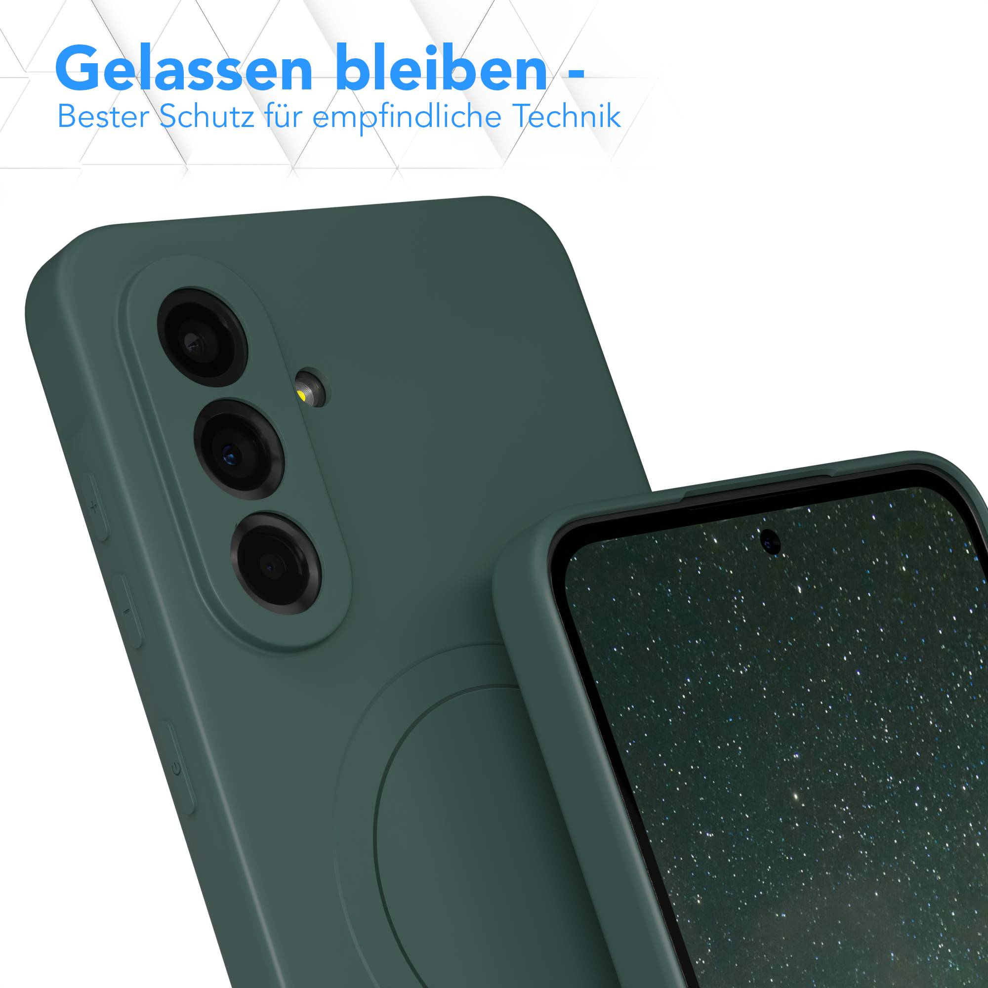 Eine tealfarbene Handyhülle mit drei Kameras und einem Bildschirm, der eine Sternennacht zeigt, auf weißem Hintergrund.