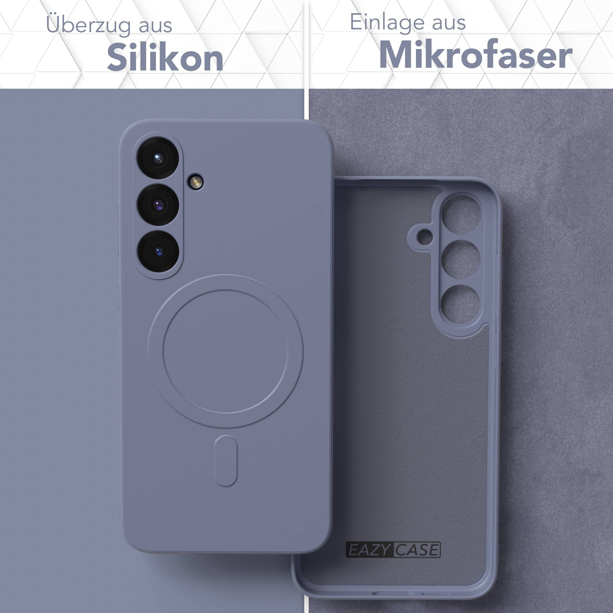 Ein Handyhülle aus Silikon und Mikrofaser ist abgebildet. Die Hülle ist geteilt und zeigt die Außen- und Innenseite.