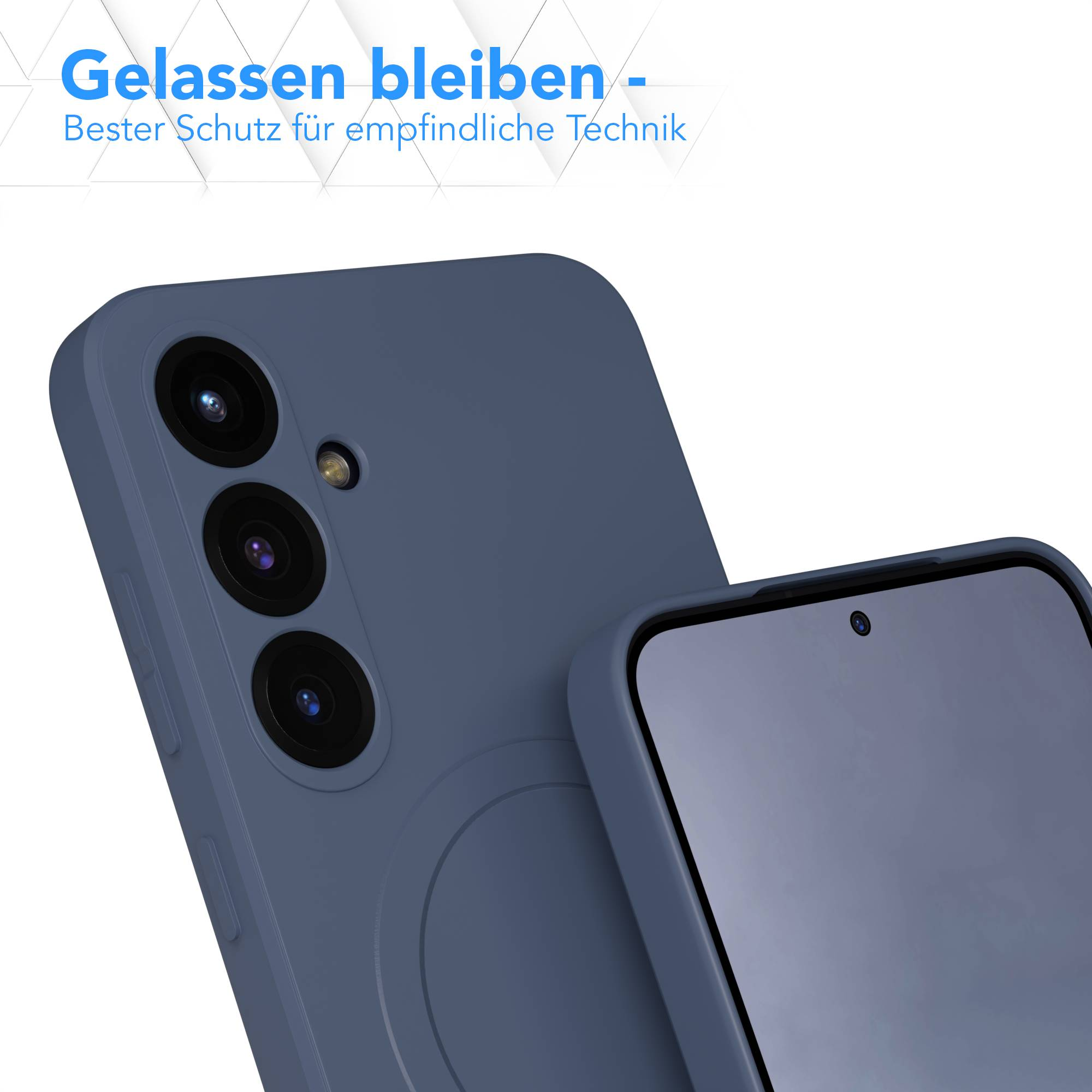 Eine blaue Handyhülle und ein Telefon. Die Hülle bedeckt die Rückseite des Telefons mit Kameraausschnitten.