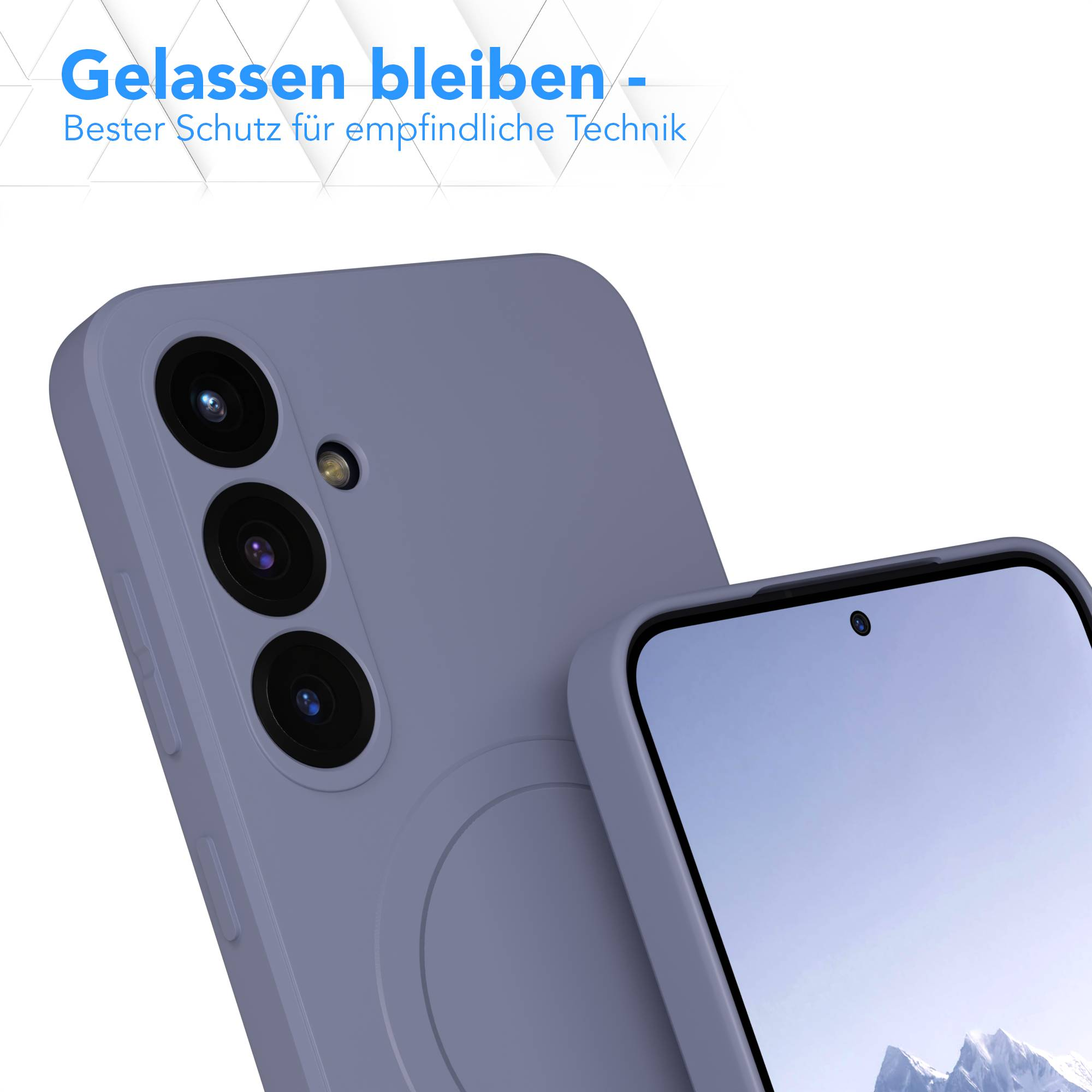 Eine Handyhülle mit einem Bildschirm. Die Hülle ist hellblau. Das Telefon hat mehrere Kameras. Text lautet 'Gelassen bleiben'.