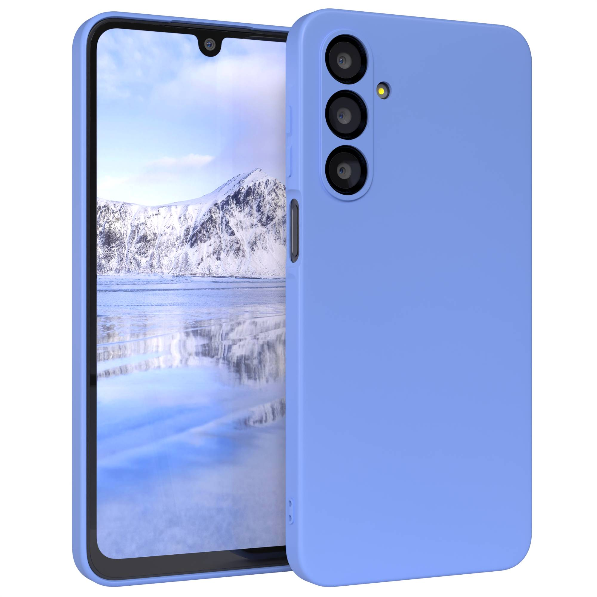 Blaue Handyhülle mit drei Kameras. Der Bildschirm zeigt eine schneebedeckte Berglandschaft. Das Telefon wird schräg gehalten.