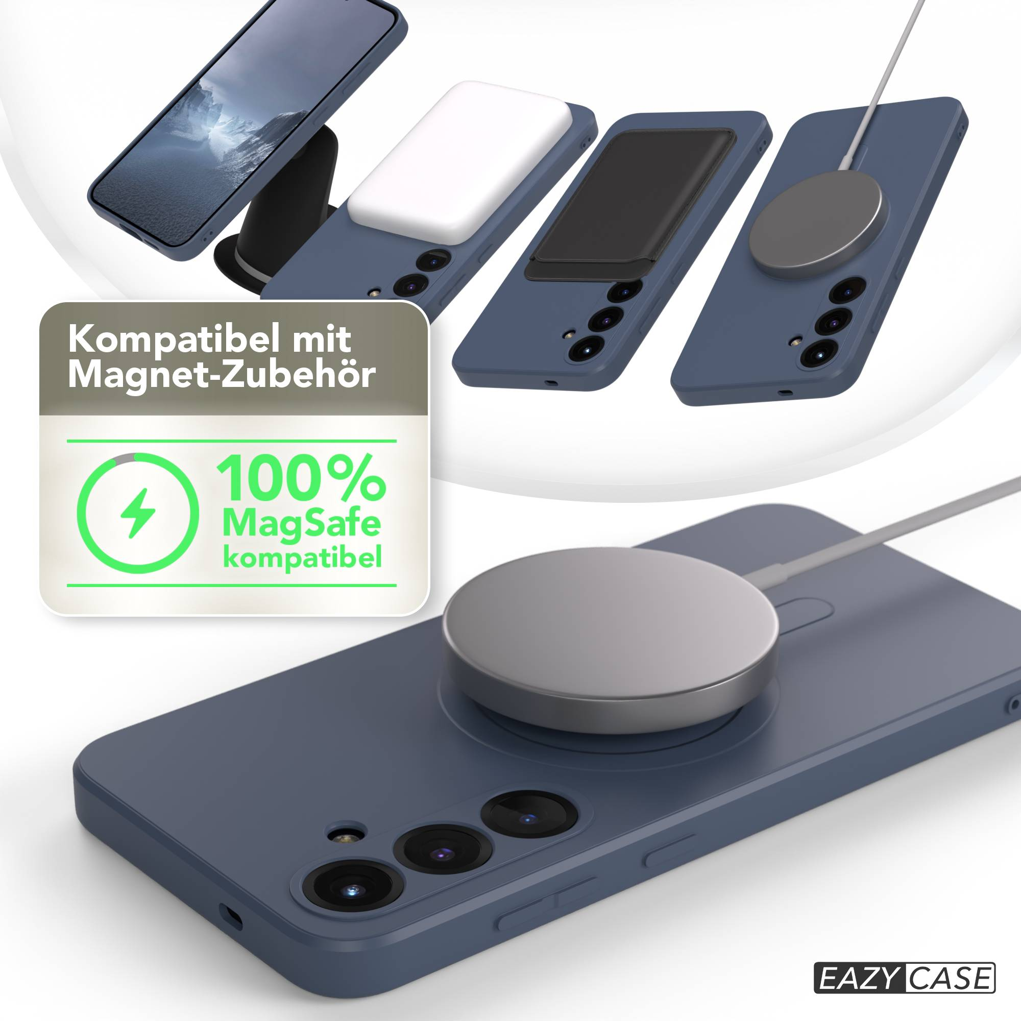 Verschiedene blaue Handyhüllen und Zubehör werden angezeigt, darunter ein MagSafe-Ladegerät und ein Telefonständer. Text: MagSafe-kompatibel.