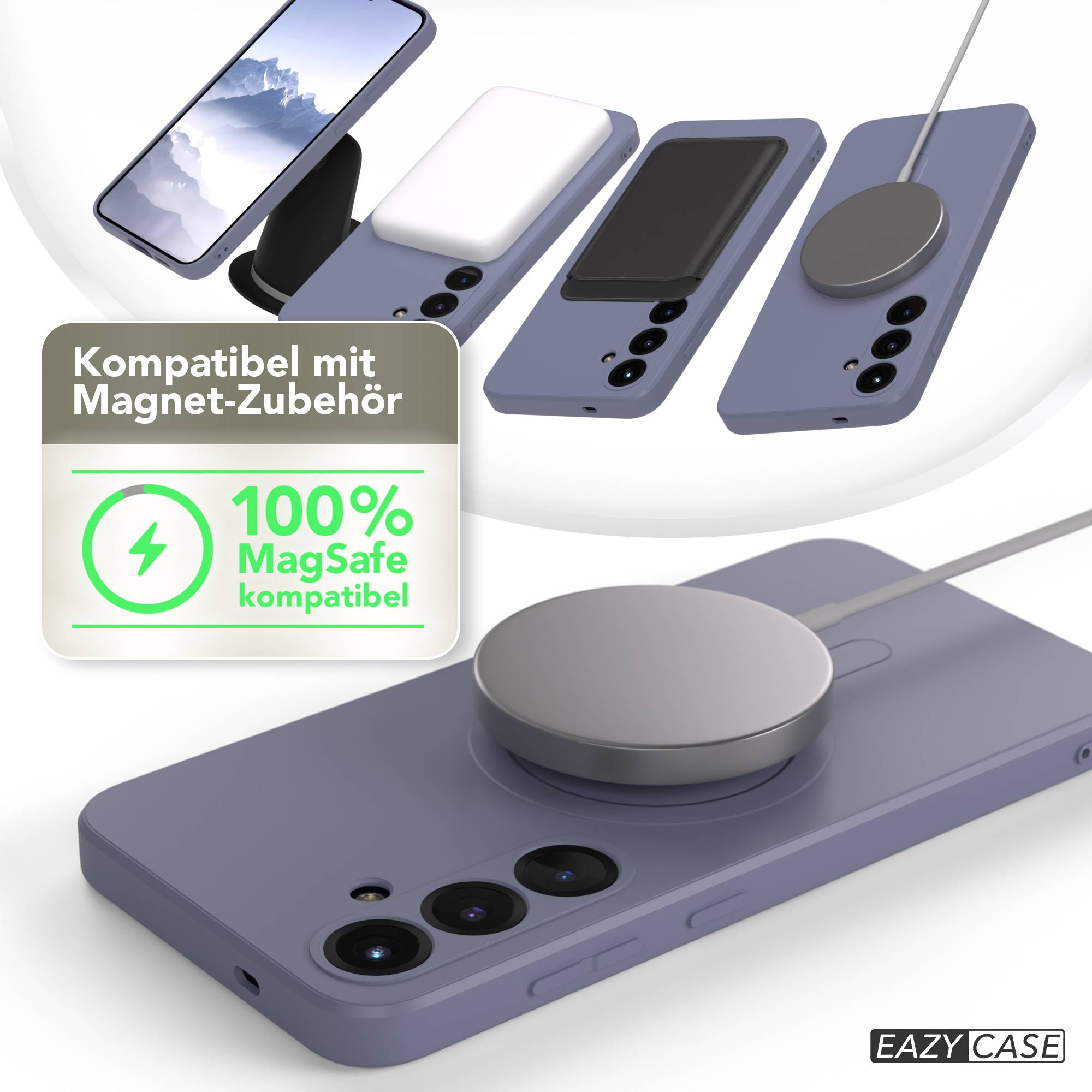 Das Bild zeigt Handyhüllen mit MagSafe-Zubehör. Es zeigt eine Hülle mit einem Ladepuck und eine Grafik, die die MagSafe-Kompatibilität hervorhebt.