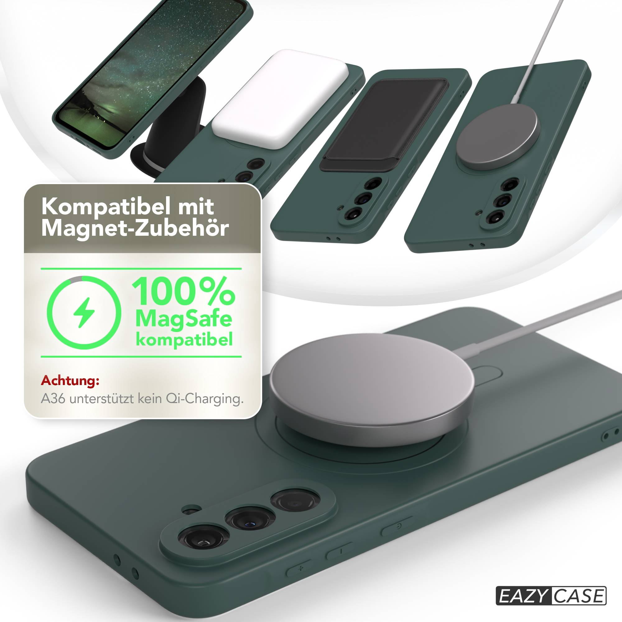 Mehrere grüne Handyhüllen mit magnetischem Zubehör werden angezeigt. Eines hat ein Ladegerät. Ein Schild weist auf MagSafe-Kompatibilität hin.