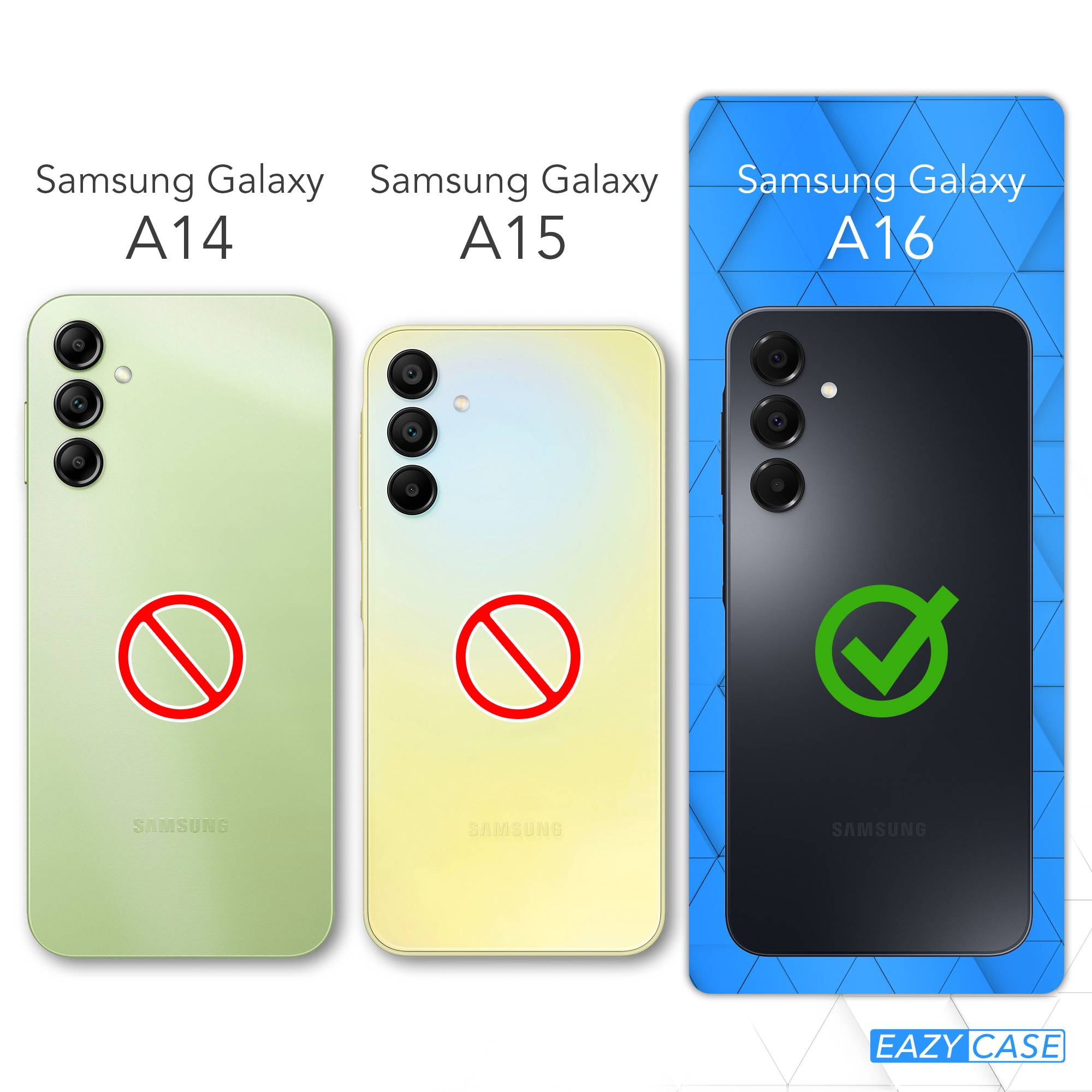 Das Bild zeigt Samsung Galaxy A14 und A15 mit Verbotsschildern und A16 mit einem Häkchen. Alle Telefone sind in Hüllen.