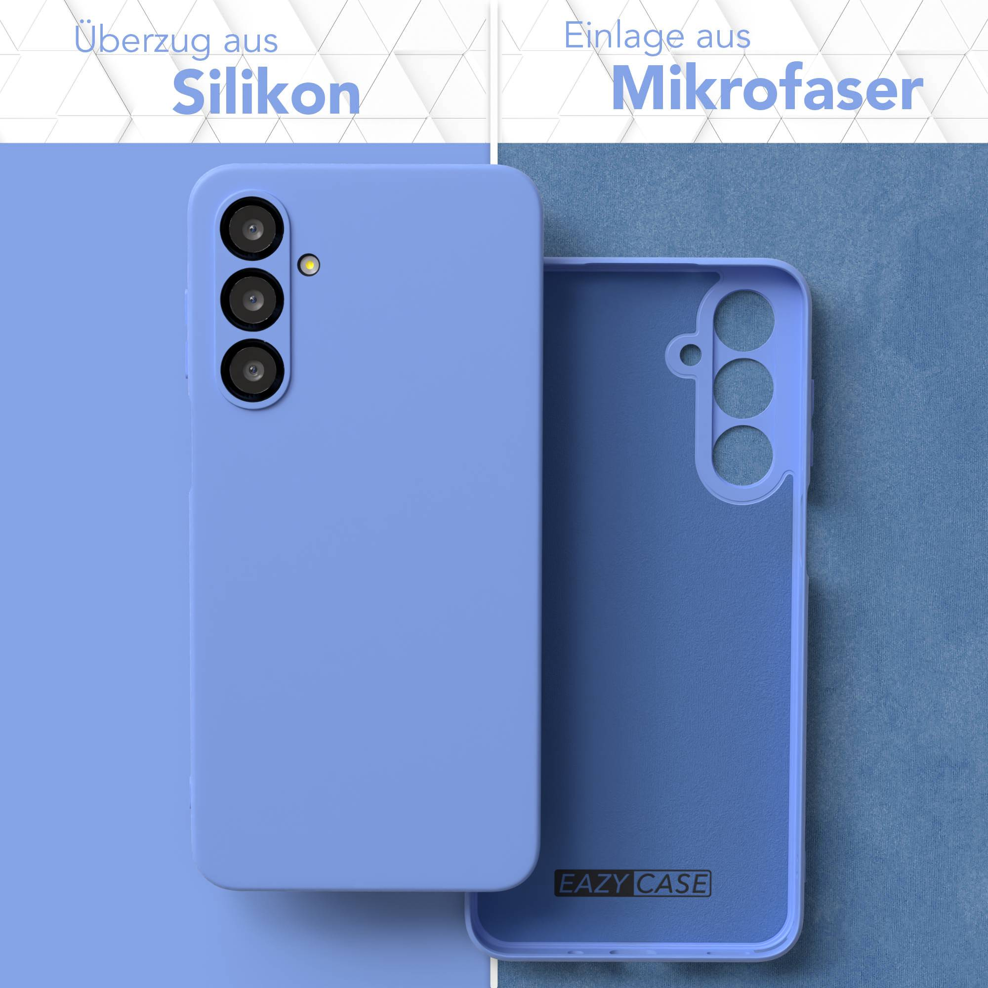 Das Bild zeigt eine Handyhülle, außen aus Silikon, innen Mikrofaser. Die Hülle ist hellblau, mit der Marke EAZY CASE sichtbar.