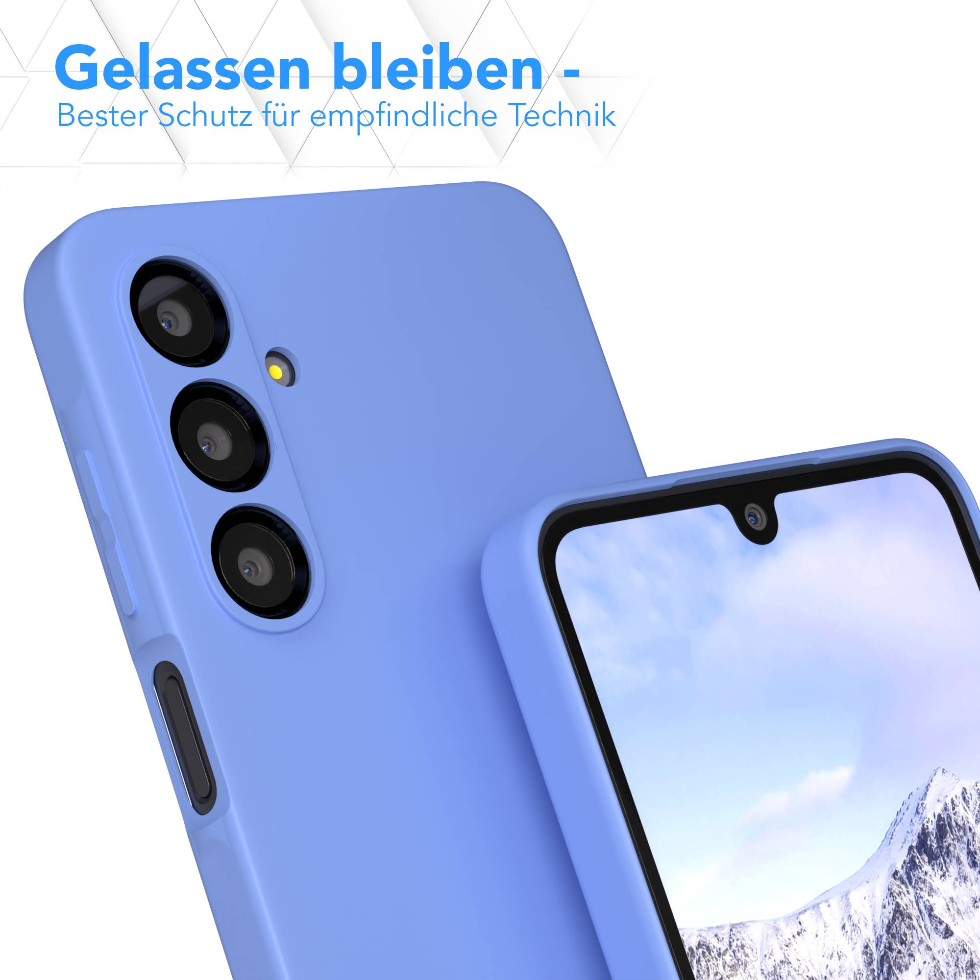 Eine blaue Handyhülle mit dem Telefon darin. Das Telefon zeigt eine schneebedeckte Berglandschaft. Text auf Deutsch ist vorhanden.