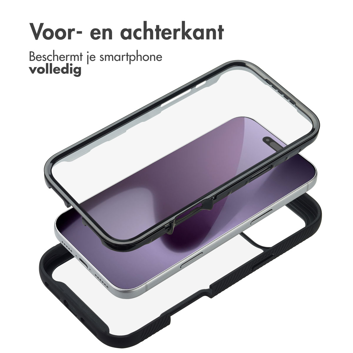 Eine Handyhülle wird in Schichten gezeigt. Die obere Schicht ist transparent. Das Telefon ist lila. Die untere Schicht ist schwarz.