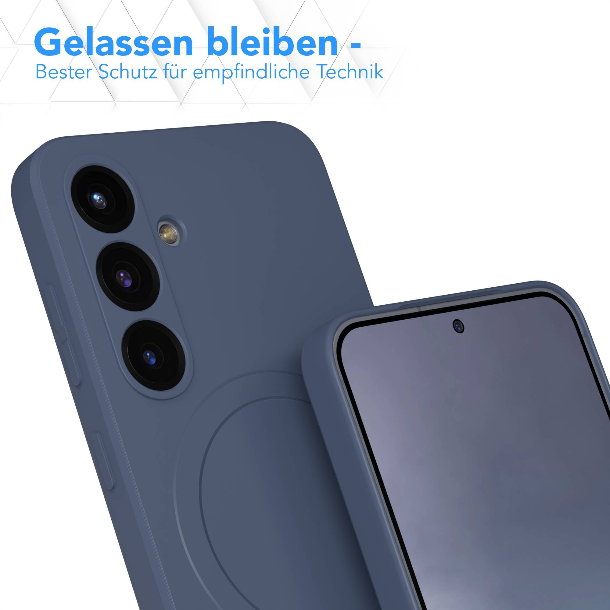 Eine blaue Handyhülle und ein Telefon werden gezeigt. Die Handyhülle befindet sich vor dem Telefon. Blauer Text steht über dem Telefon.