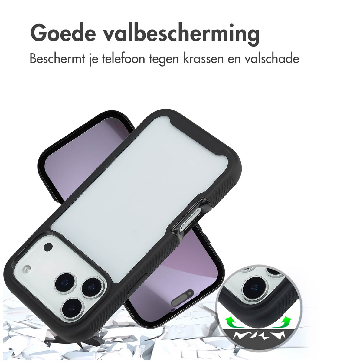Schwarze Handyhüllen mit weißer Innenseite werden gezeigt, mit einem kleinen Kreis, der die Stoßdämpfung zeigt. Der Hintergrund hat Text und einen gerissenen Boden.