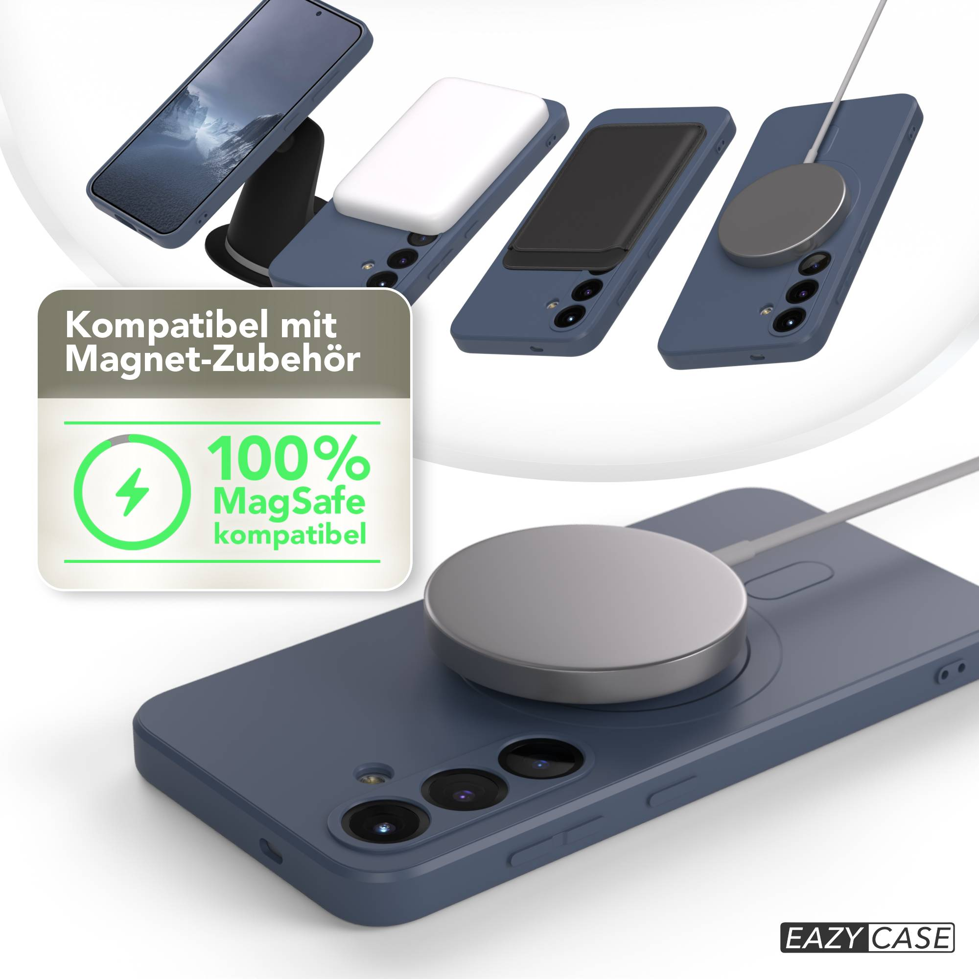 Das Bild zeigt Handyhüllen mit MagSafe-Zubehör. Ein Telefon ist an einem Ladegerät befestigt. Text hebt die MagSafe-Kompatibilität hervor.