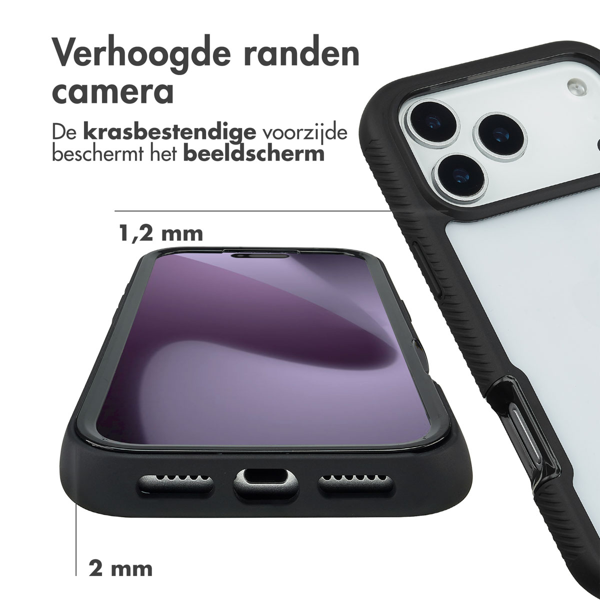 Ein Telefon in einer schwarzen Hülle, das die Kamera und den Bildschirm zeigt. Text zeigt erhöhte Kanten zum Schutz der Kamera.