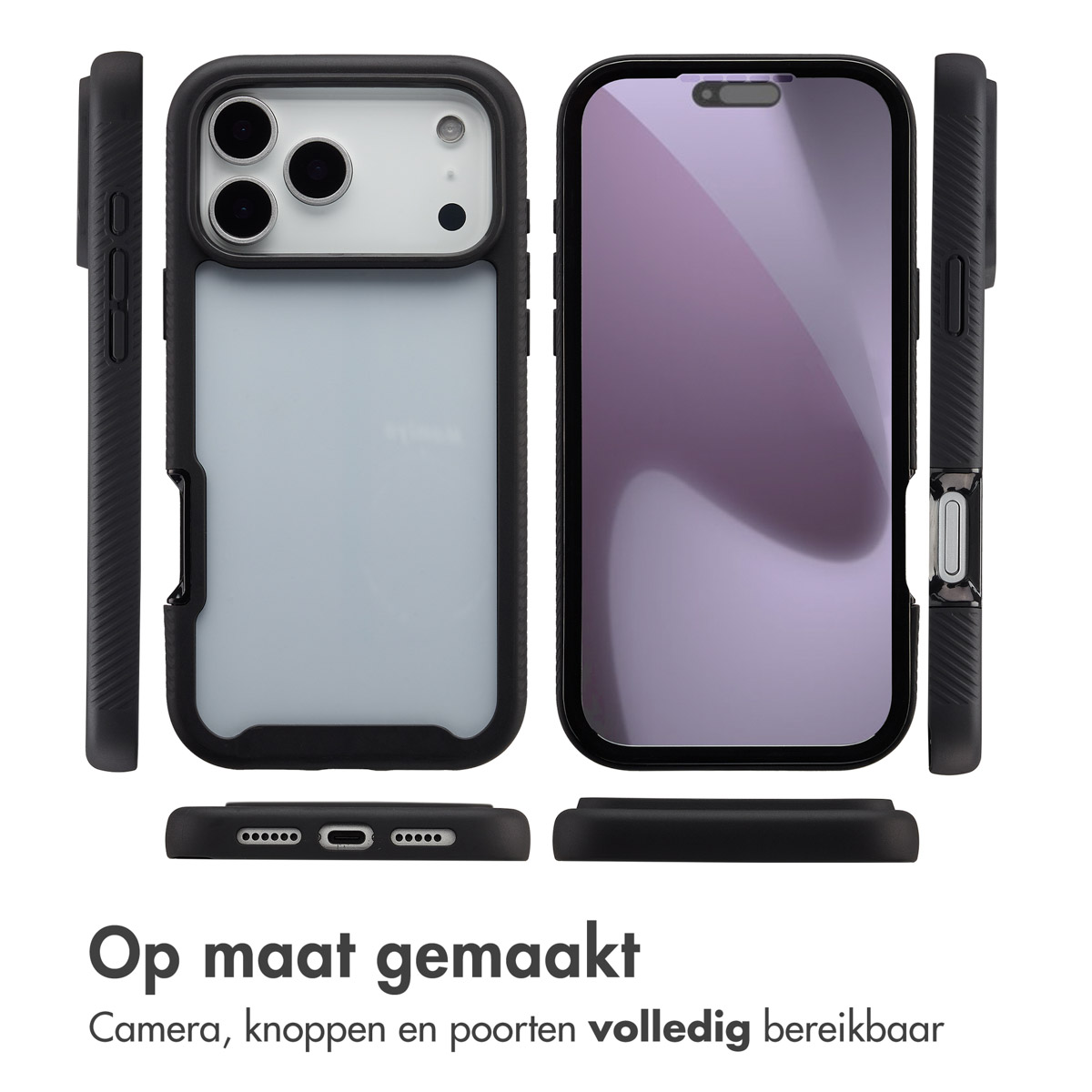 Schwarze Handyhülle mit Displayschutz. Zeigt Kamera, Tasten und Anschlüsse. Text: Op maat gemaakt, Kamera, knoppen en poorten volledig bereikbaar.