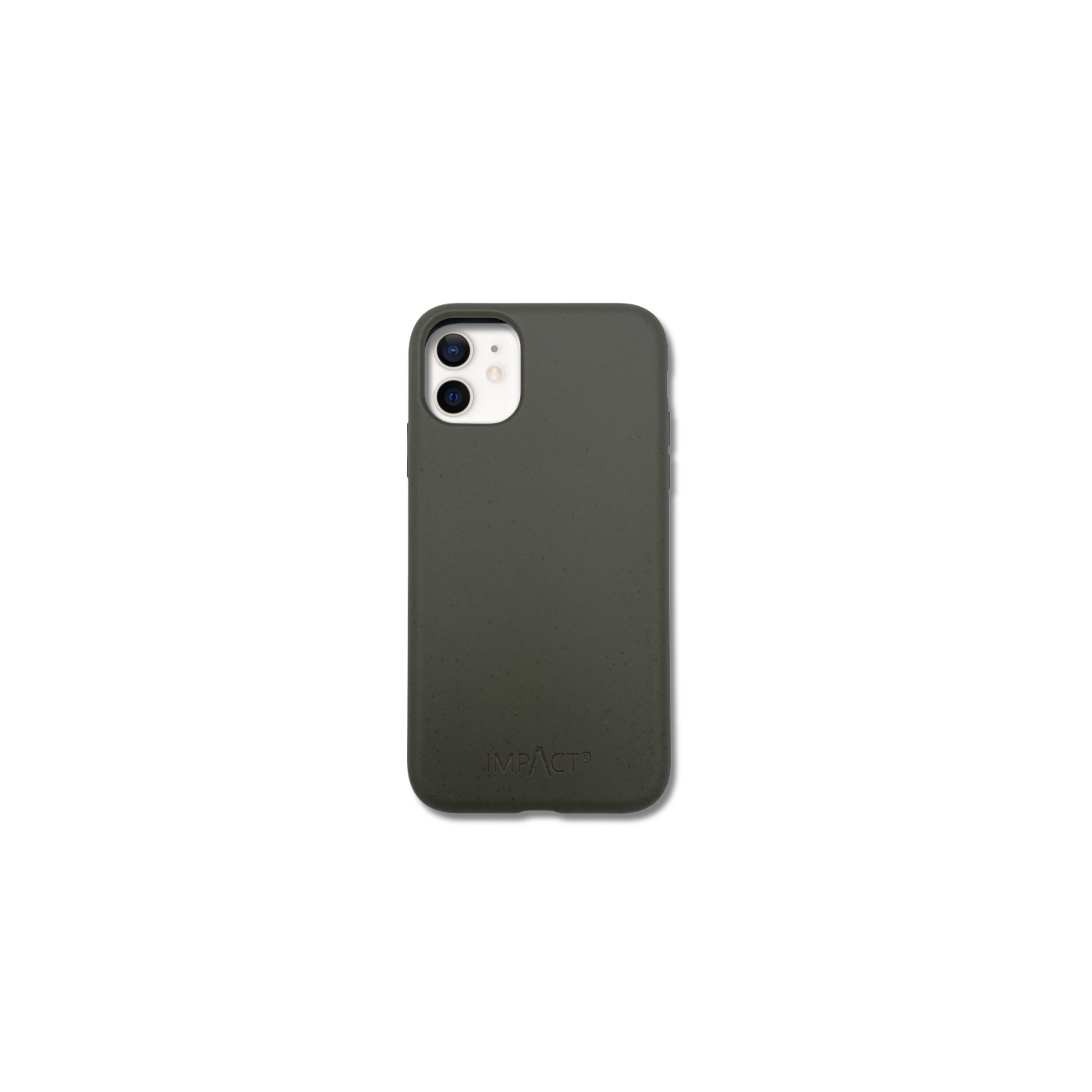 Una custodia per telefono verde oliva è centrata su sfondo bianco. La custodia ha due fori per la fotocamera e il logo Impact.