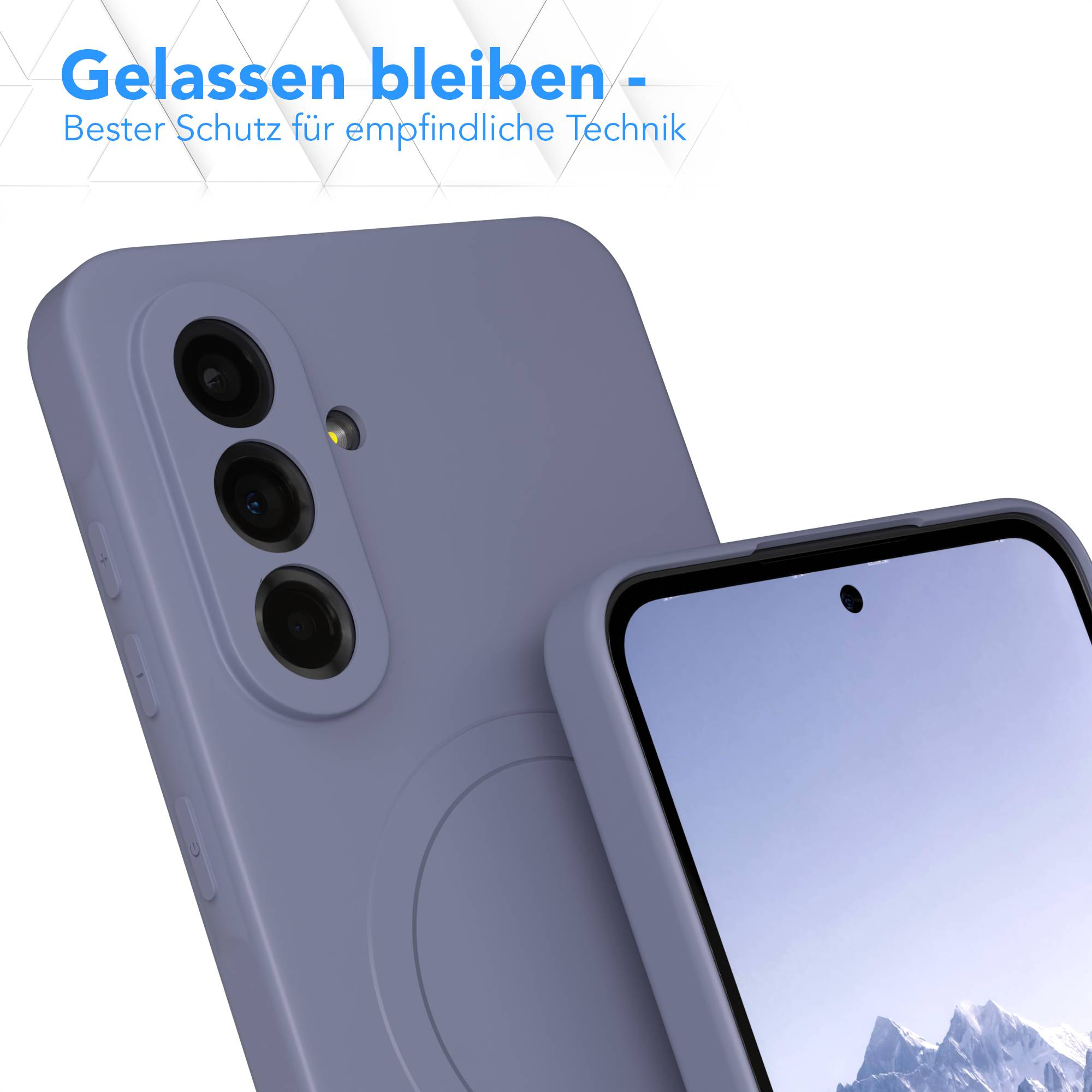 Ein lila Handyhülle mit einem Telefon darin. Die Hülle hat drei Kameralöcher und einen Bildschirm. Oben steht "Gelassen bleiben".