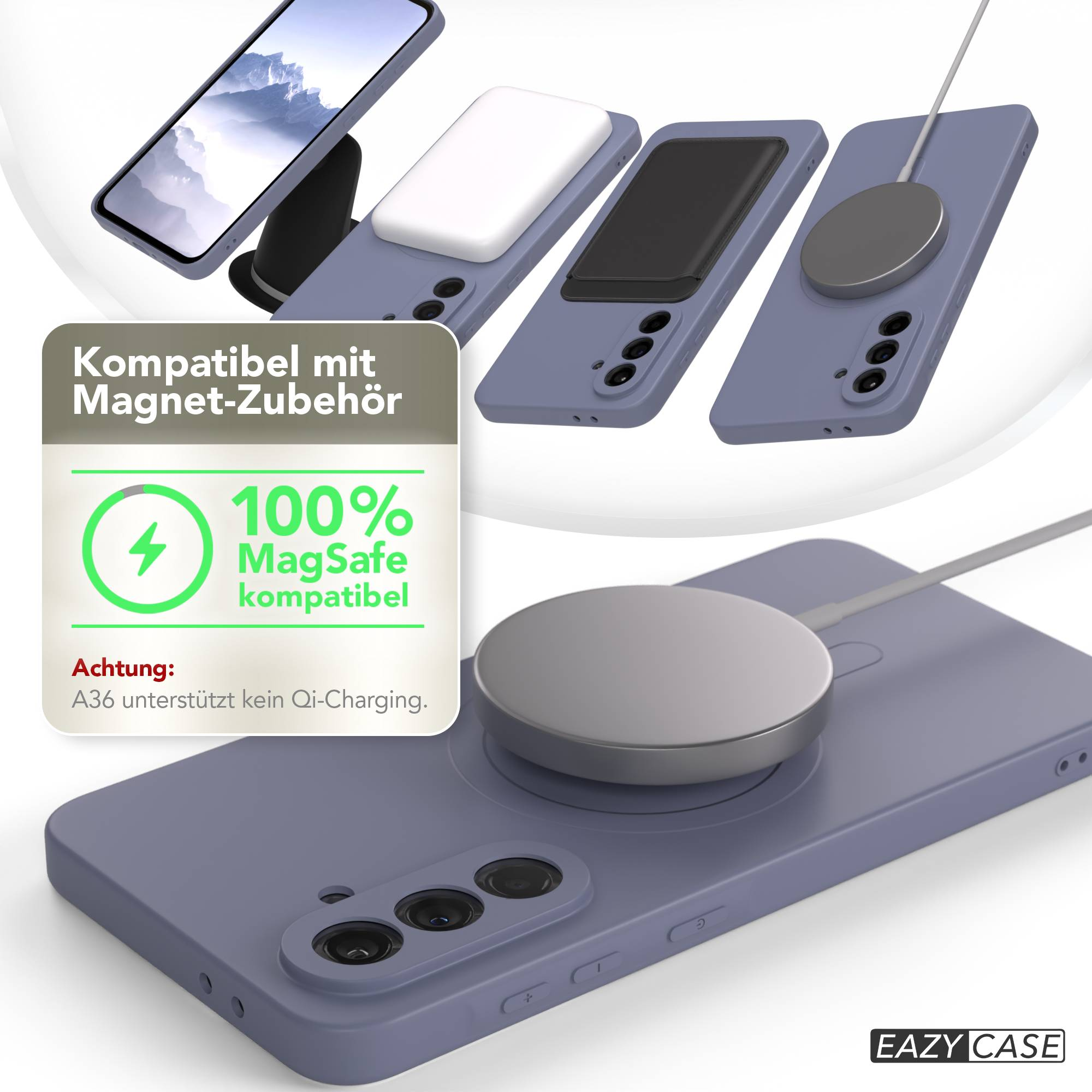 Das Bild zeigt Handyhüllen mit Magnetaufsätzen und kabellosen Ladegeräten. Ein Schild hebt die MagSafe-Kompatibilität hervor.