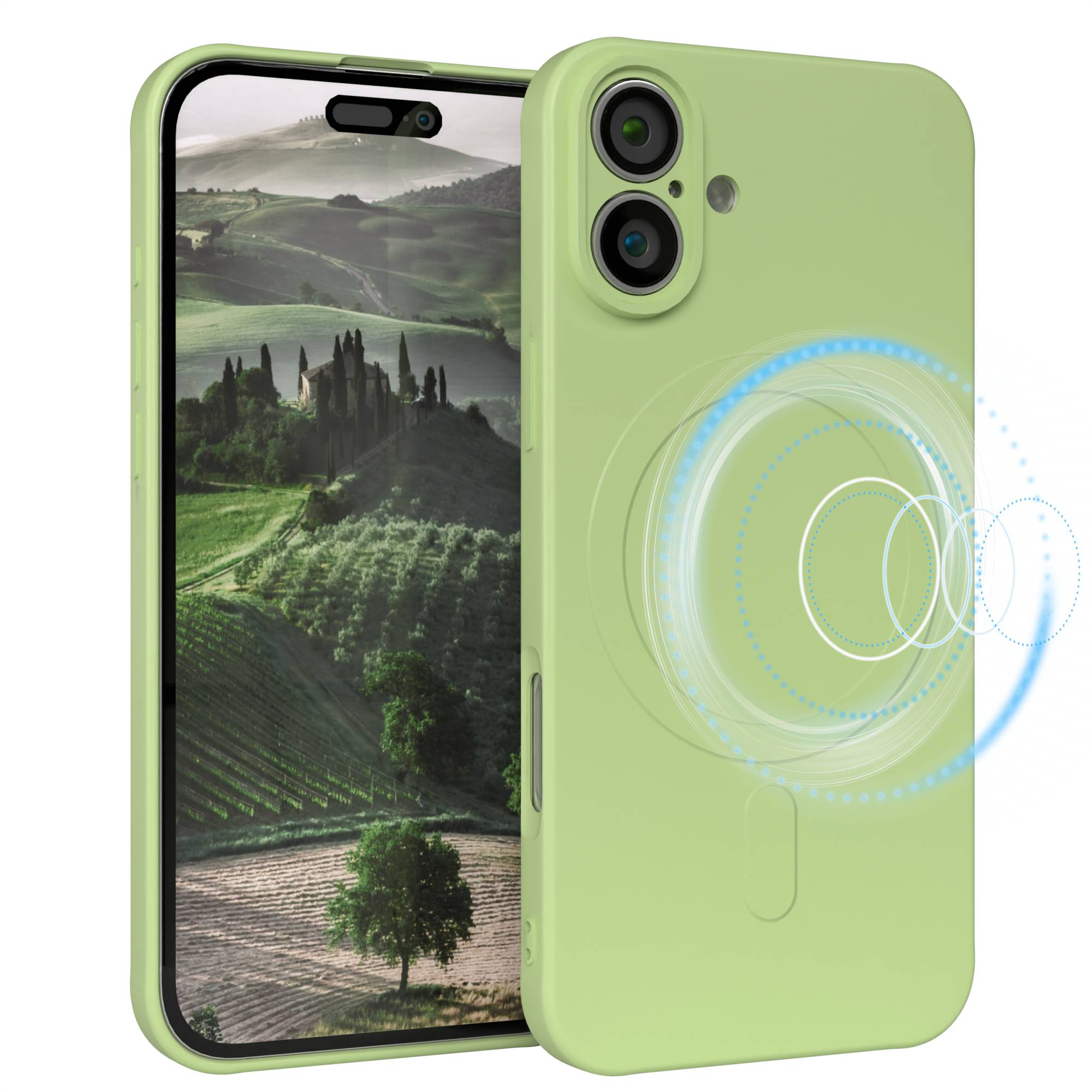 Ein Telefon mit grüner Hülle, das eine Landschaft zeigt. Die Hülle hat eine Kameraausbuchtung und ein blaues Kreisdesign.