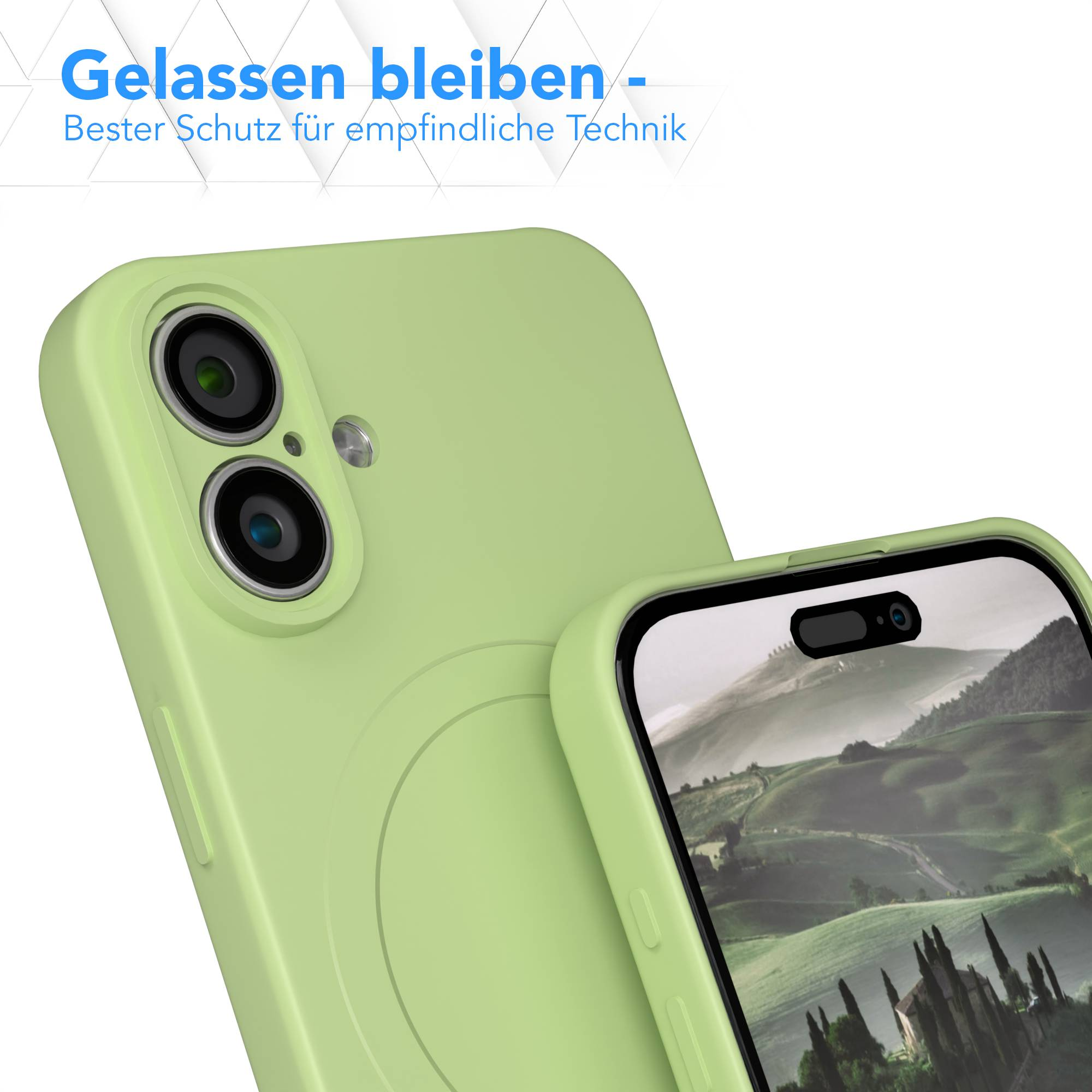 Nahaufnahme eines Telefons in einer grünen Hülle. Das Telefon zeigt eine Landschaft. Text auf Deutsch oben.