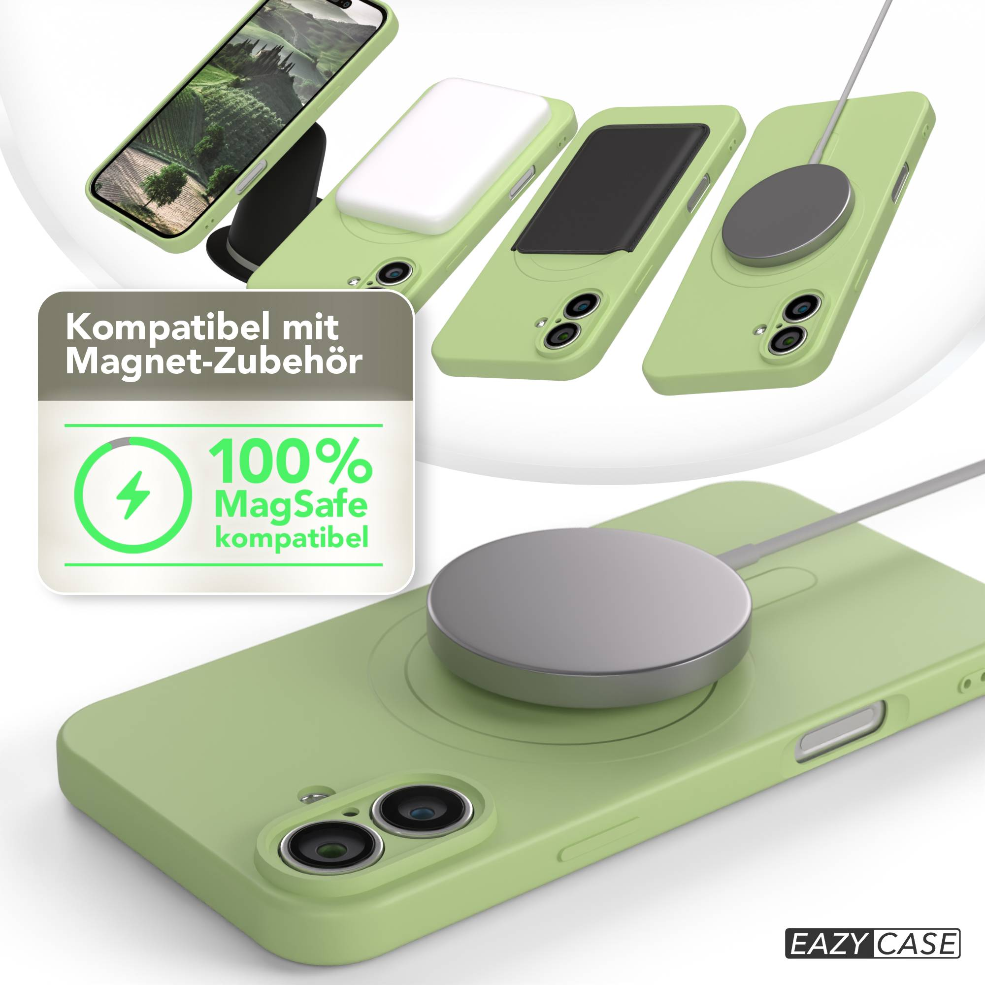 Grüne Handyhüllen mit MagSafe-Ladegeräten. Ein Telefon zeigt eine Landschaft. Text besagt MagSafe-kompatibel. Graue Ladegeräte und weißes Zubehör.