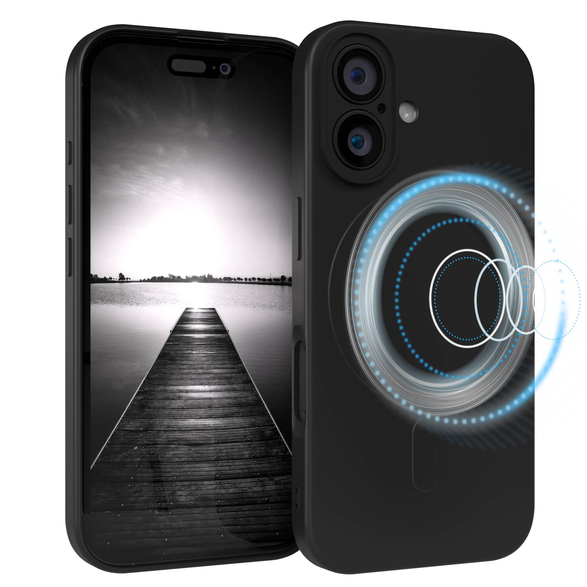 Schwarze Handyhülle mit eingebautem Telefon. Der Telefondisplay zeigt einen Steg über Wasser. Ein blau leuchtender Kreis ist auf der Hülle.