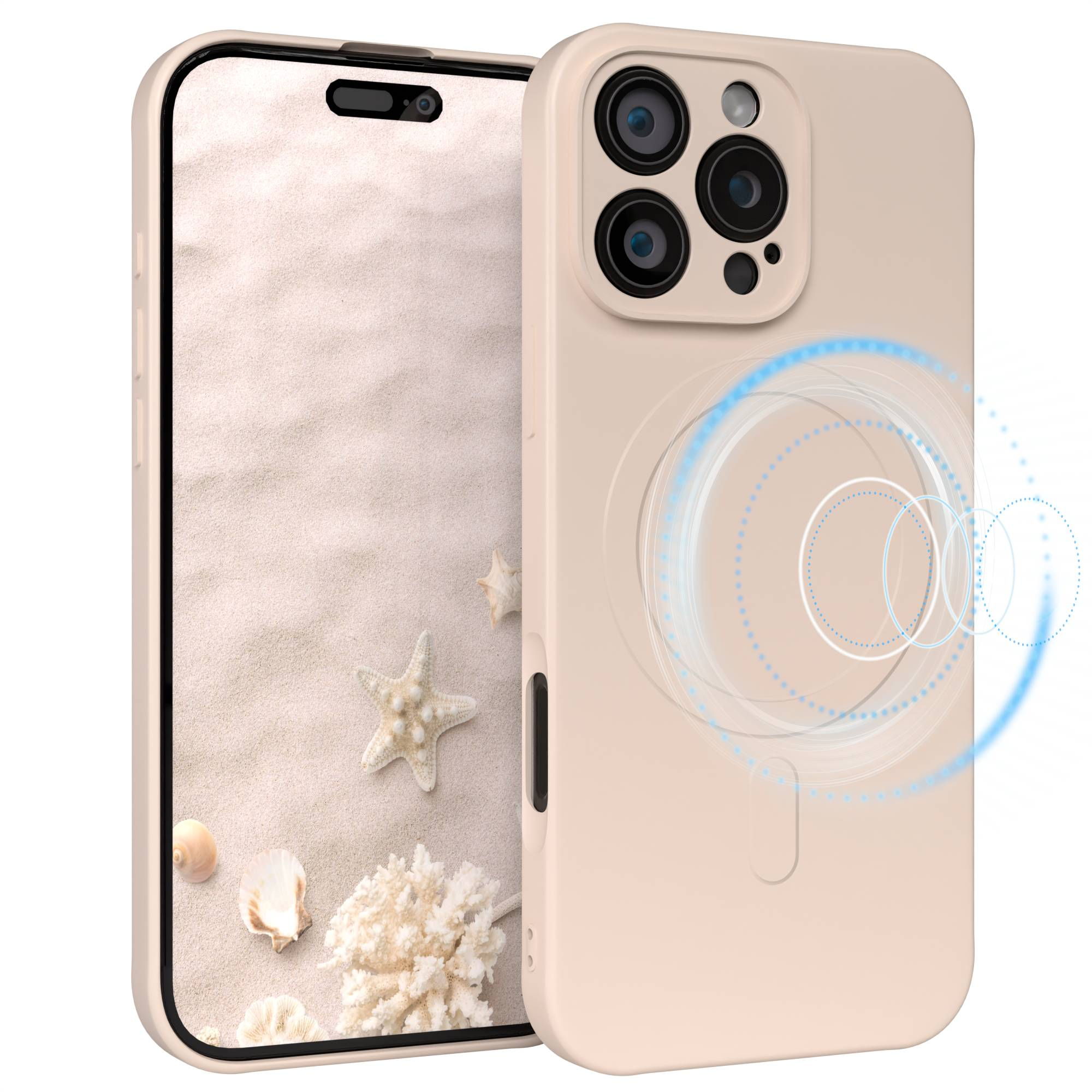 Eine Handyhülle mit Strandhintergrund. Die Hülle ist beige, mit einem Sand- und Seestern-Motiv auf dem Telefonbildschirm.