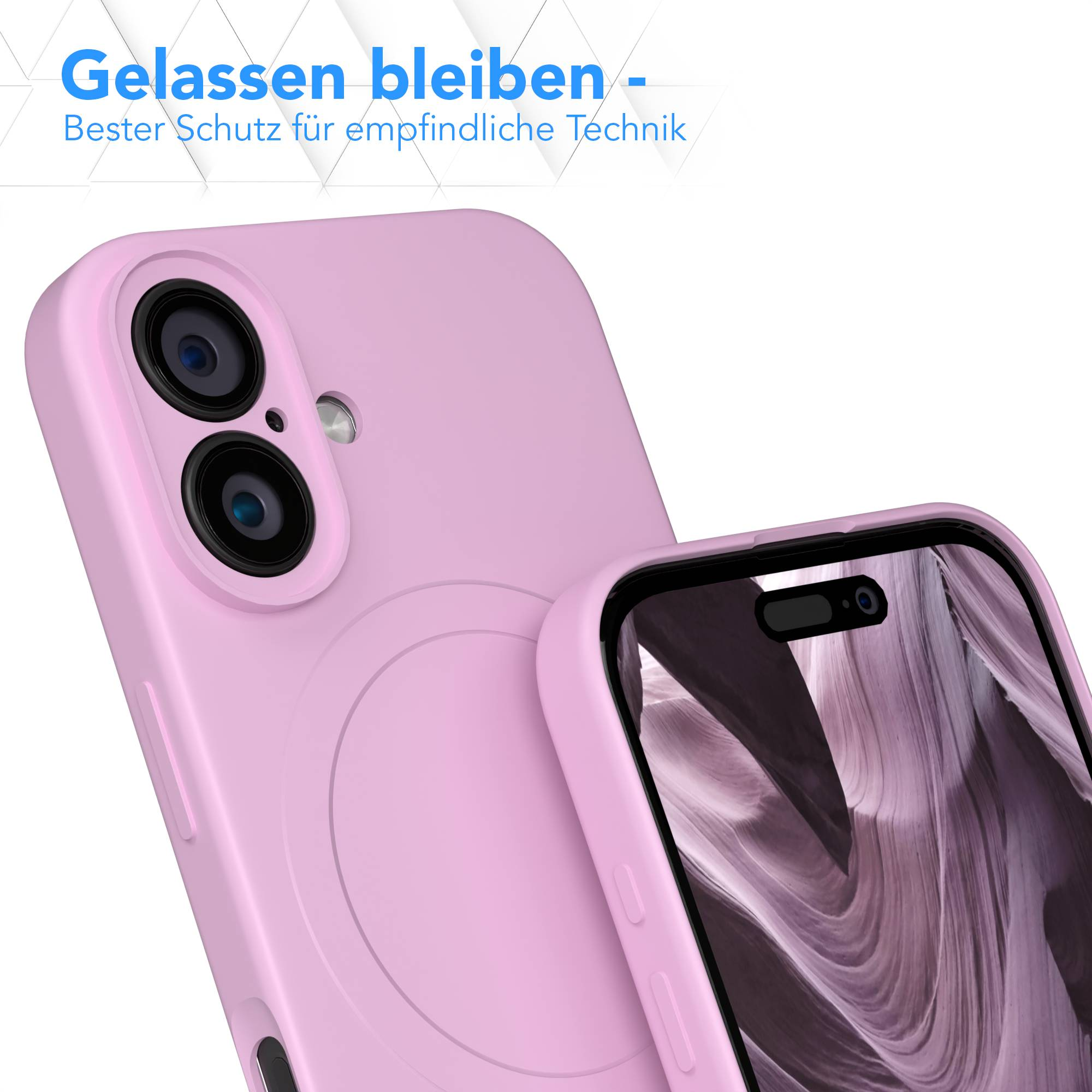 Eine pinke Handyhülle mit einem Handy darin, das die Kamera und den Bildschirm zeigt. Oben steht "Gelassen bleiben".