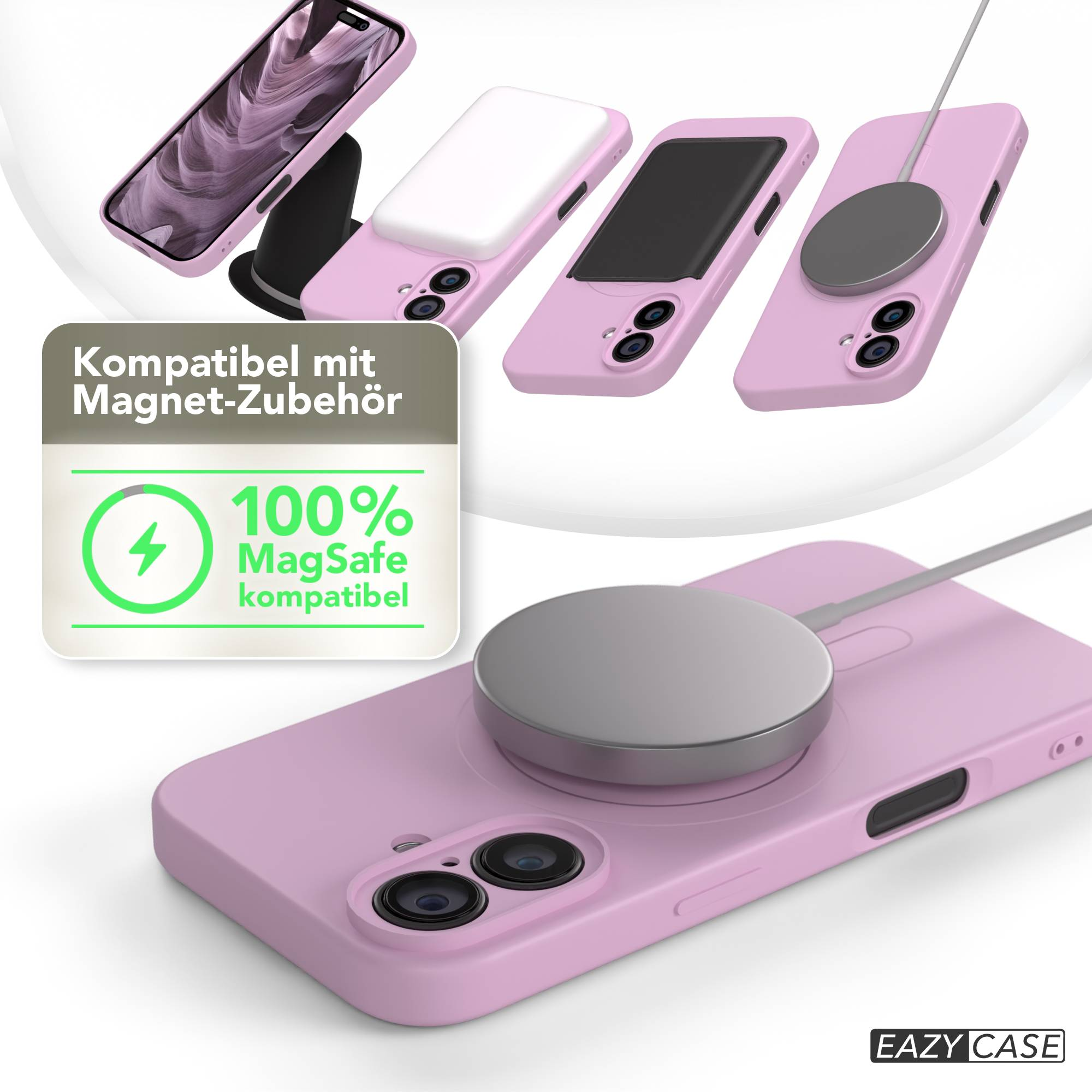 Rosa Handyhüllen mit schwarzen Kameraausschnitten und einem grauen MagSafe-Ladegerät. Ein Schild sagt: 100% MagSafe kompatibel.