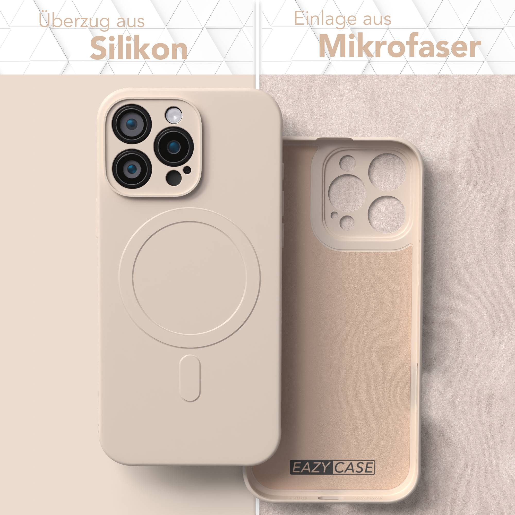 Eine beige Handyhülle mit Mikrofaser-Innenfutter. Die Hülle zeigt den Kameramodulbereich und die Marke Eazy Case.