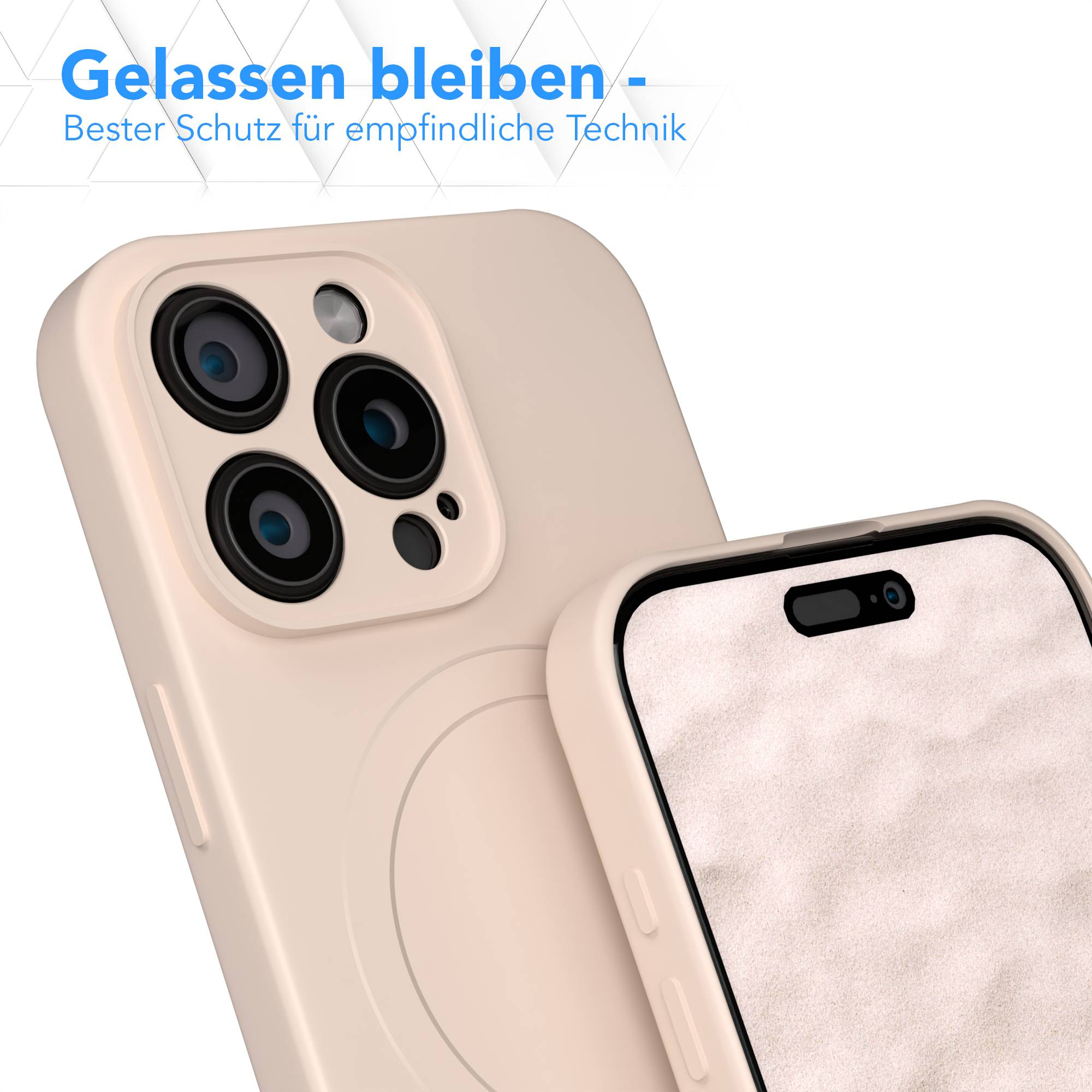 Nahaufnahme einer beigefarbenen Handyhülle mit Kameralinsen. Ein zweites Telefon mit Bildschirm ist ebenfalls sichtbar.